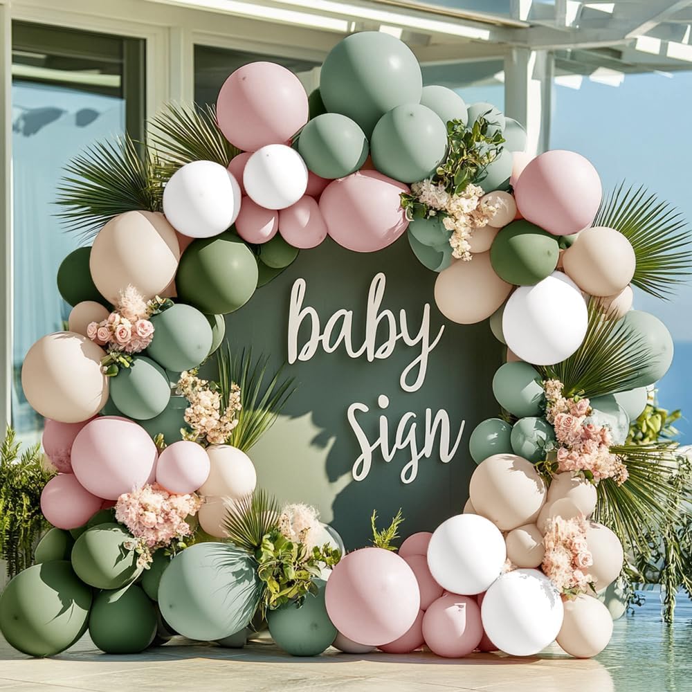 Dusty Pink Green Balloon Garland - Double Stuffed Sage Green Pink White Sand Balloon Garland Dusty Rose Cream Latex Arch Kit
