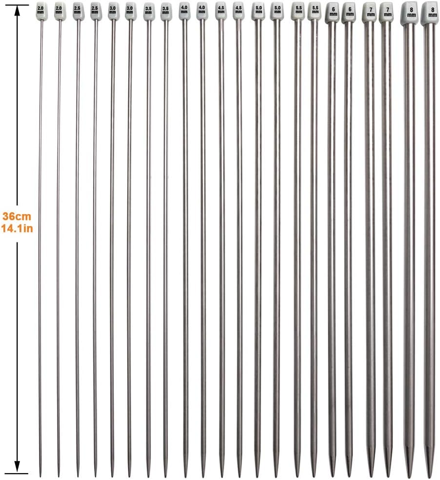 Knitting Needle Set, 22PCS 2mm(B)-8mm(L) Straight Single Pointed Stainless Steel Sweater Needles Set(11Pair-11 Size,9.8 inch) with Locking Stitch Makers Large-Eye Needles Measure Tape (36CM)