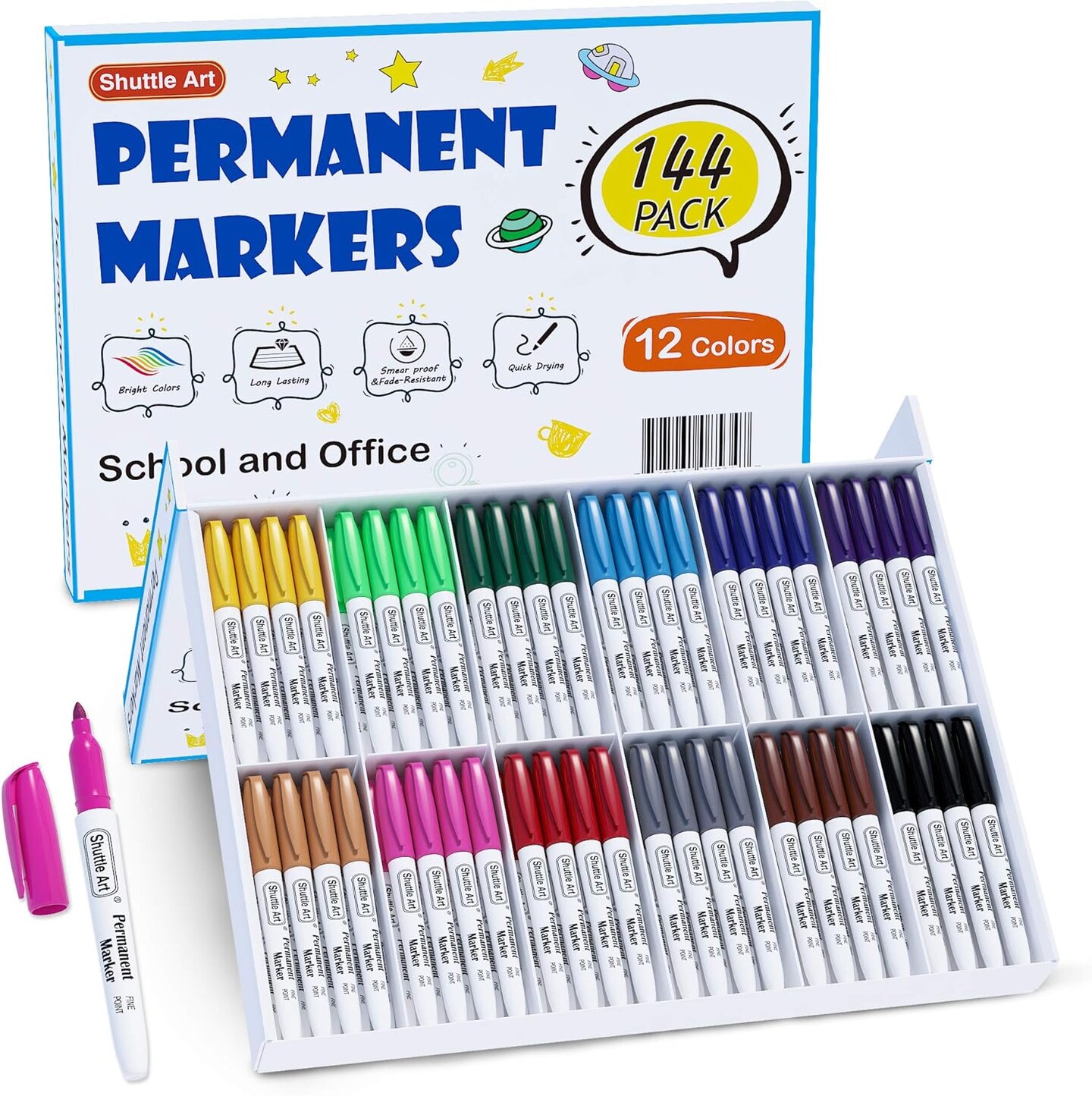 144 Pack Permanent Markers, Permanent Marker Assorted Colors, 12 Bright Colors Fine Point Permanent Markers For Kids and Adult Coloring on Wood, Stone, Glass as Office, School Supplies
