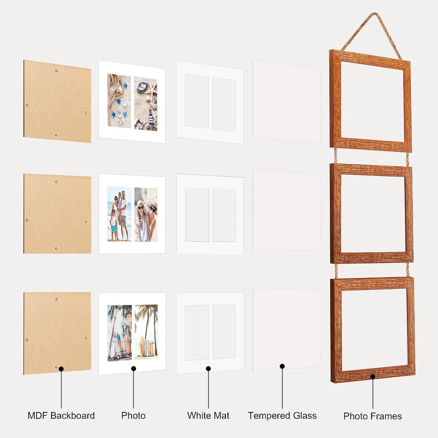 8x10 Hanging Picture Frames with 6 Openings 4x6 Pictures, HD Real Glass 8x10 Wall Hanging Collage frames with Mat, Hemp Rope Multiple Photo Frames for Wall Decor (Carbonized Brown, 1 Pack)