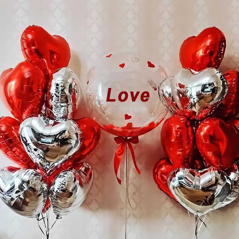 Red And Silver Heart Foil Balloons&#xFF08;12 pcs &#xFF09;,18 Inch Silver And Red heart Mylar Shaped foil Love Balloon for Wedding Decoration Party Birthday Valentines Balloon