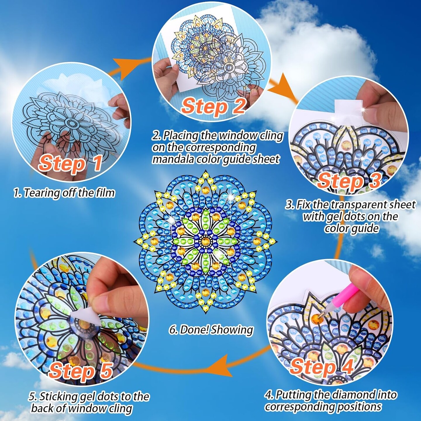 Diamond Art Stained Glass Window Clings with Diamond DIY Pen, 3 Pcs Mandala Window Stickers for Suncatchers, Diamond Art Kits for Adults