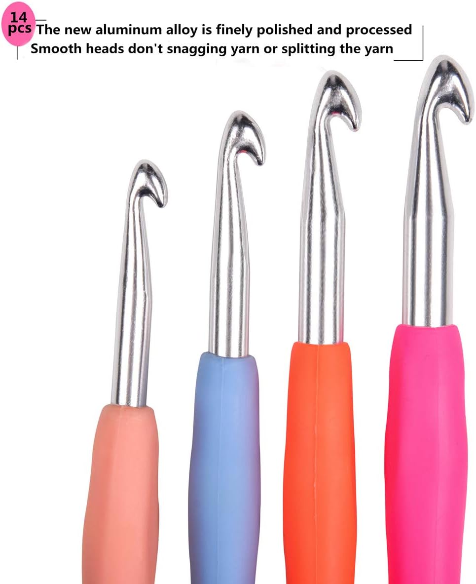 Crochet Hooks Set, 14 Sizes 2mm(B)-10mm(N) Ergonomic Crochet Needles with Case for Arthritic Hands, Extra Long Crochet Kit