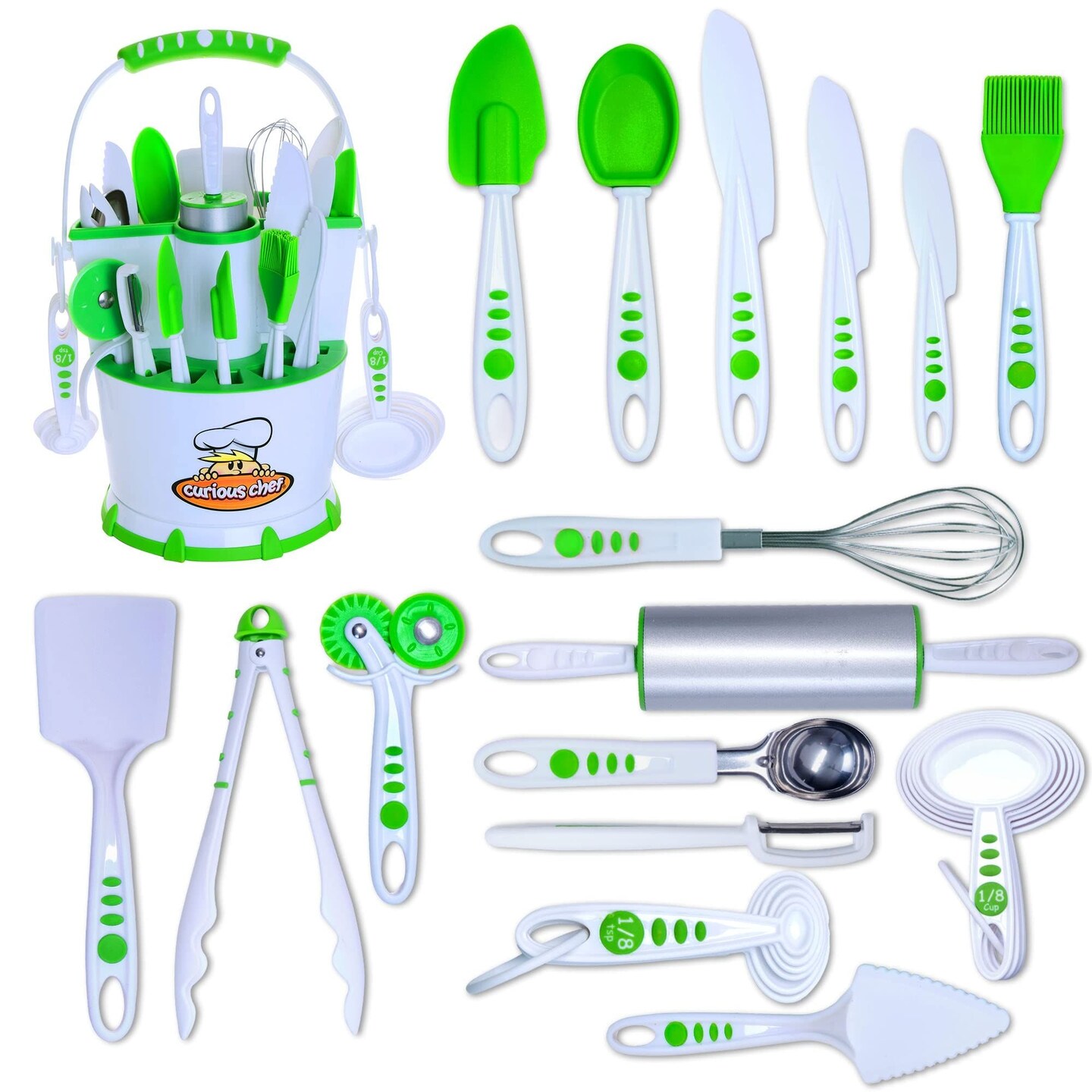 Curious Chef Kids Cooking Utensil Caddy - Durable Dishwasher-Safe & Kid-Safe Utensils - Real Baking Supplies & Kitchen Tools for Budding Chefs - Complete Cooking Tool Set - White/Green, 30 Piece Set