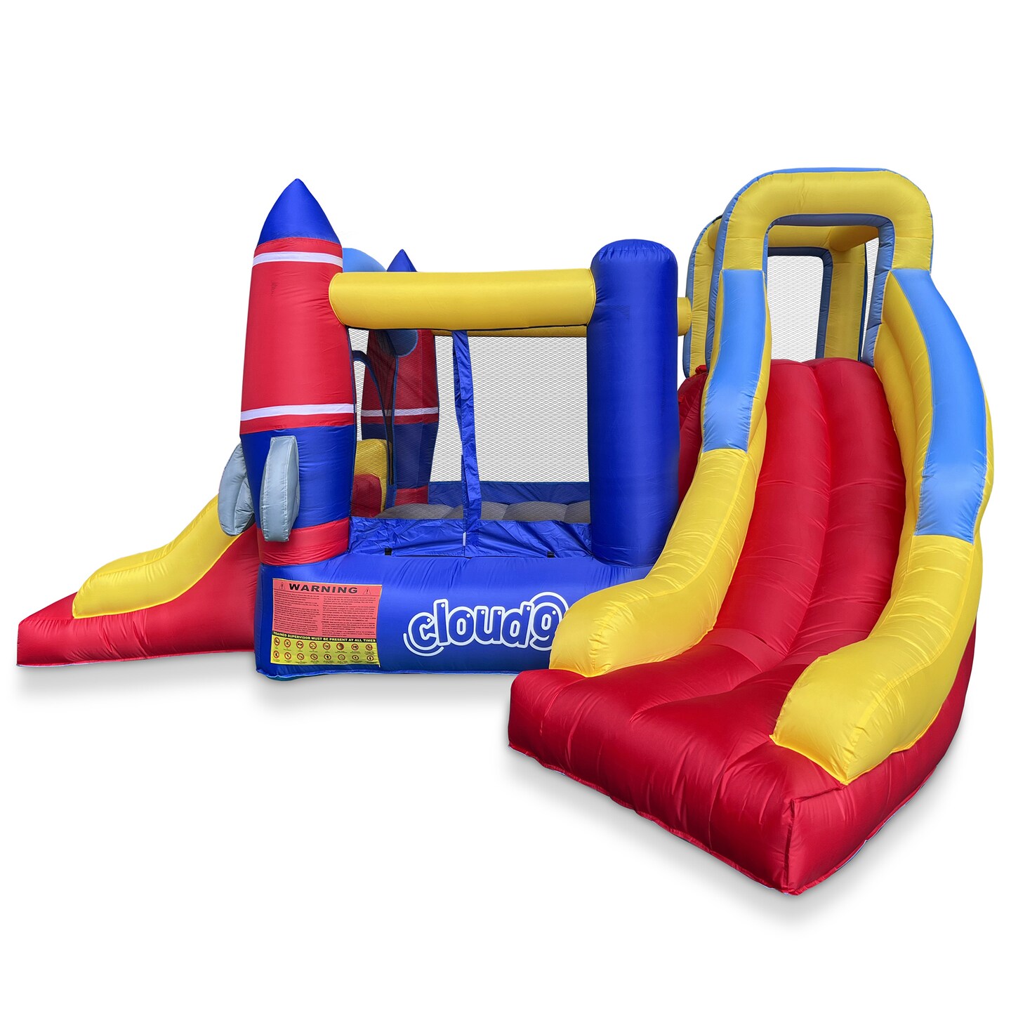 Cloud 9 Inflatable Rocket Bounce House with Blower, Bouncer for Kids with Two Slides and Large Jumping Area