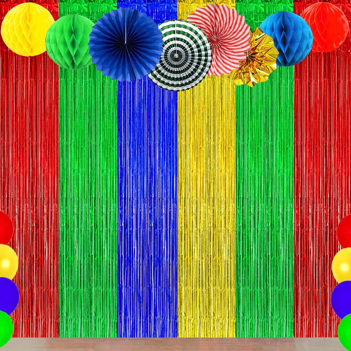 3-Pack Blue, Red, Green & Yellow Foil Fringe Curtains Party Backdrop Decorations