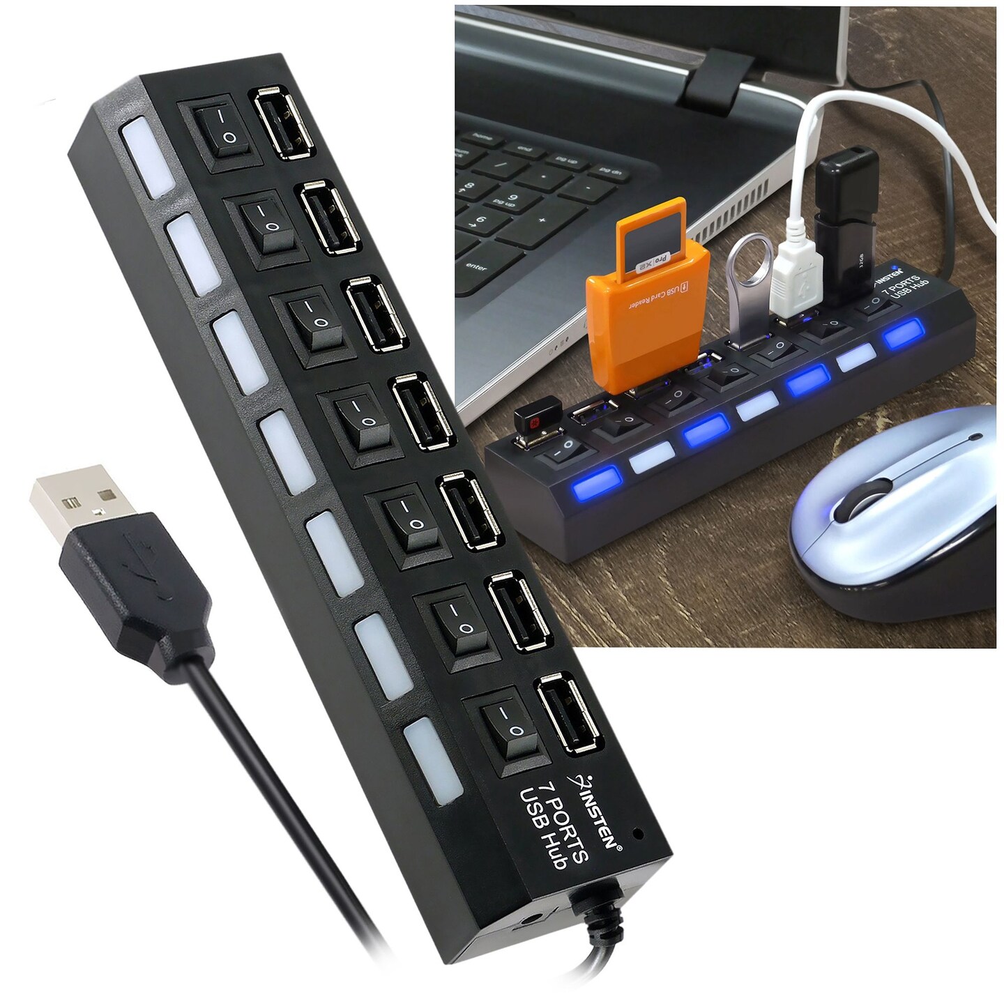 7 Port USB Hub for Laptop Computer Adapter, Multiport 2.0 Splitter with On Off Switches for Windows PC Smartphone Charging Data Transfer