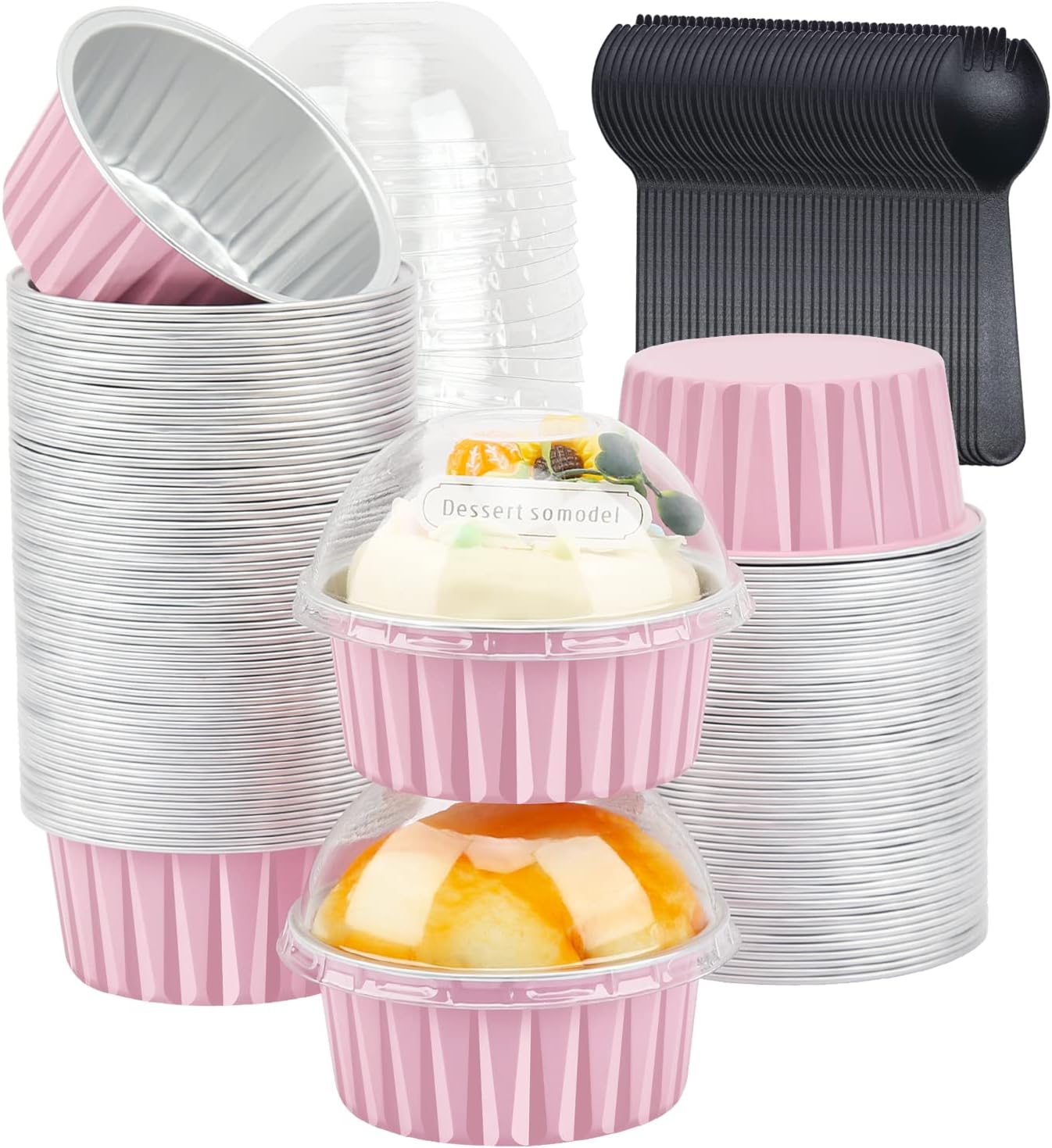 5oz Cupcake Pans with Dome Lids 100 Pack,LNYZQUS Aluminum Foil Small Cake Baking Tin,Disposable Ramekins Cupcake Baking Cups Containers,Mini Pie Pans Muffin Tins Jumbo Cupcake Liners-Pink