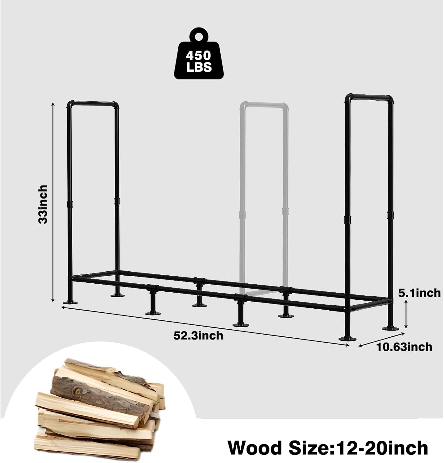 4ft Adjustable Outdoor Firewood Rack – Heavy-Duty Steel, 400lb Capacity, Black Powder-Coated Firewood Holder for Garages, Gardens, Farms, and Bonfires