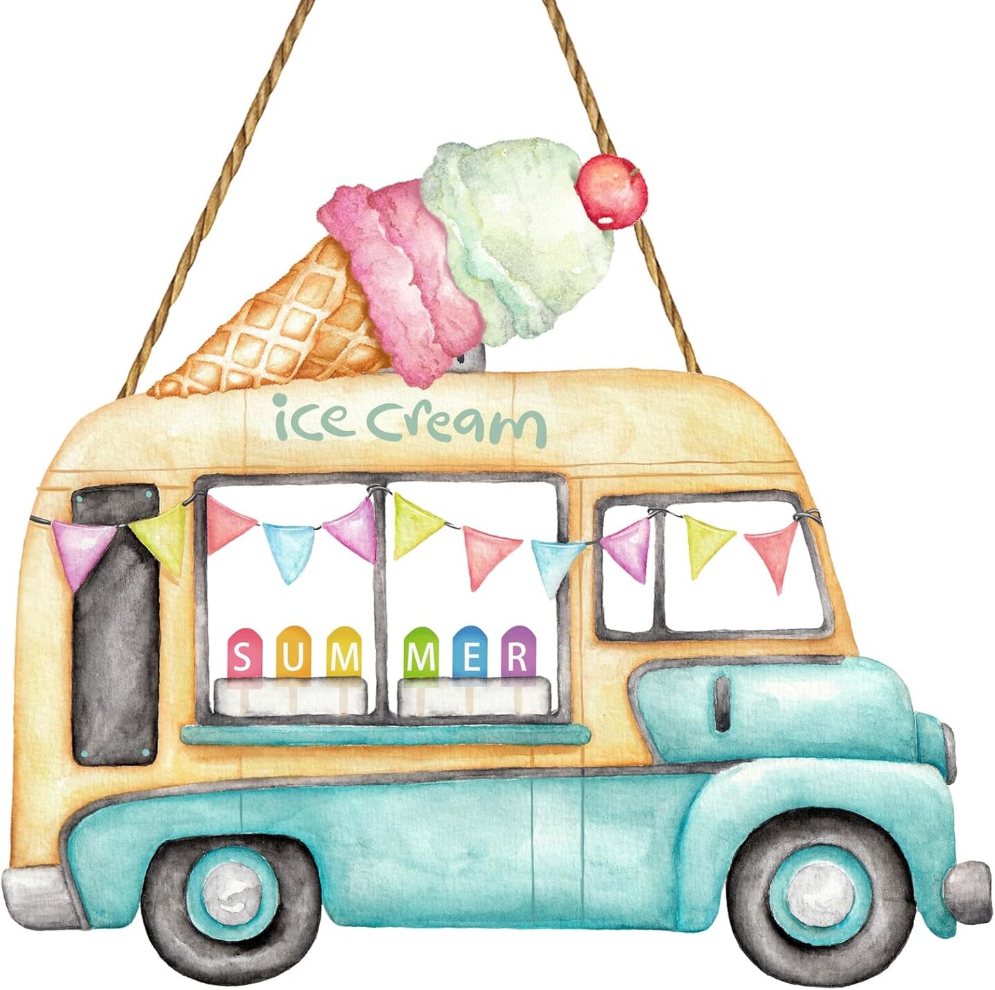 Summer Door Decor Ice Cream Truck Sign Hanging Plaque Colorful Popsicles Wooden Front Door Hanger for Office Wall Indoor Home Decorations