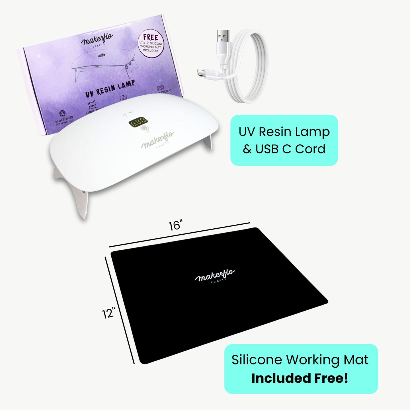 Makerflo UV Resin Lamp – 36W, 23 LED Bulbs, 365-405nm Curing, USB-C Rechargeable, Wireless/Wired, 3 Timer Modes, Digital Display, Adjustable Legs – Perfect for Resin Crafts & Jewelry