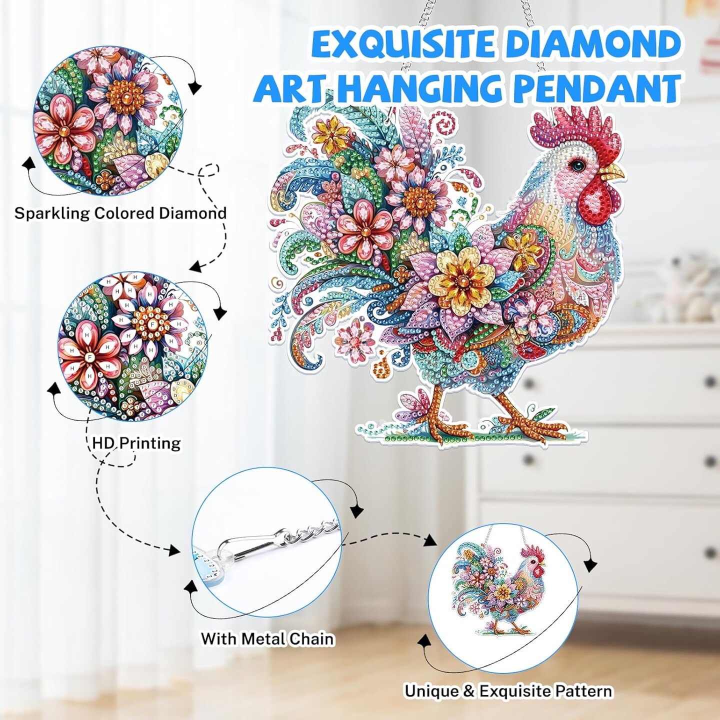 Ijbnhd 5D Diamond Painting Kit - Chicken Design, 14x14 Inch Round Full Drill DIY Art For Adults, Home Decor & Gift - View #4