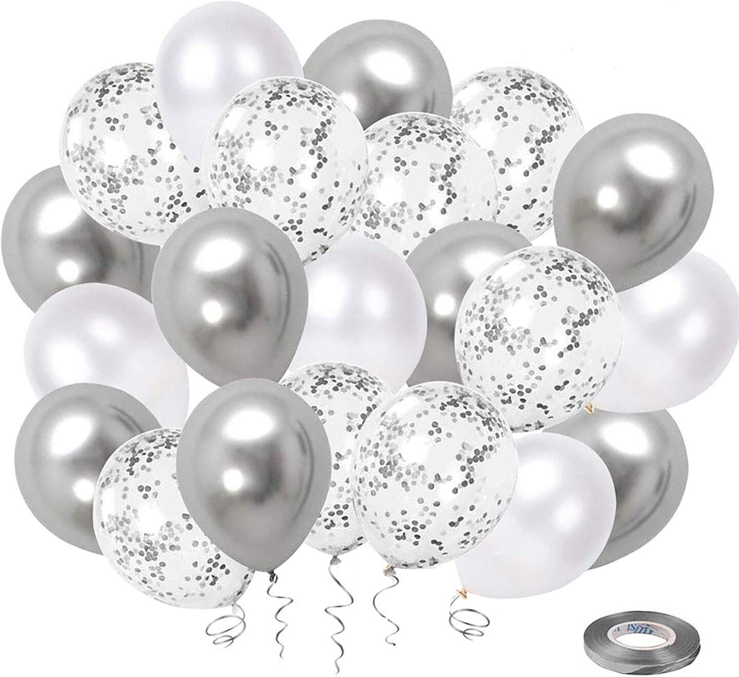 White Silver Confetti Latex Balloons, 50 Pack 12inch Silver Metallic Chrome Party Balloon Set with Silver Ribbon for Wedding Birthday Baby Shower Decorations