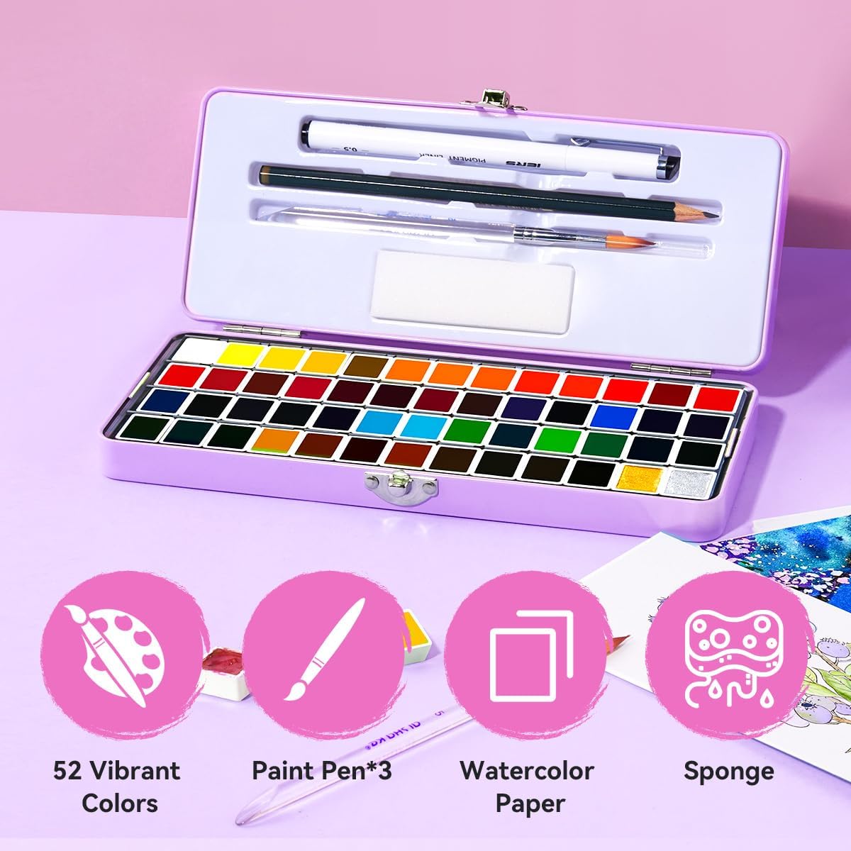Watercolor Paint Set 52 Colors in Half Pans with Drawing Pencil, Paint Brushes, 5 Watercolor Paper, Sponge, Black Drawing Pens, Art Supplies for Adults Travel Watercolor &#x26; Purple Box
