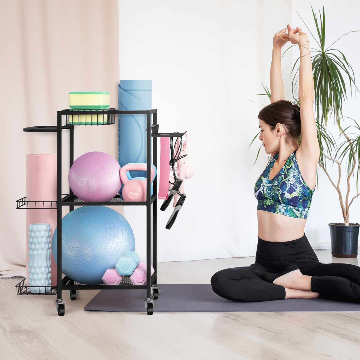 4-in-1 Black Dumbbell &#x26; Yoga Storage Rack &#x2013; Heavy-Duty Home Gym Organizer with Wheels, Hooks &#x26; Mat Holder for Dumbbells, Balls, Resistance Bands
