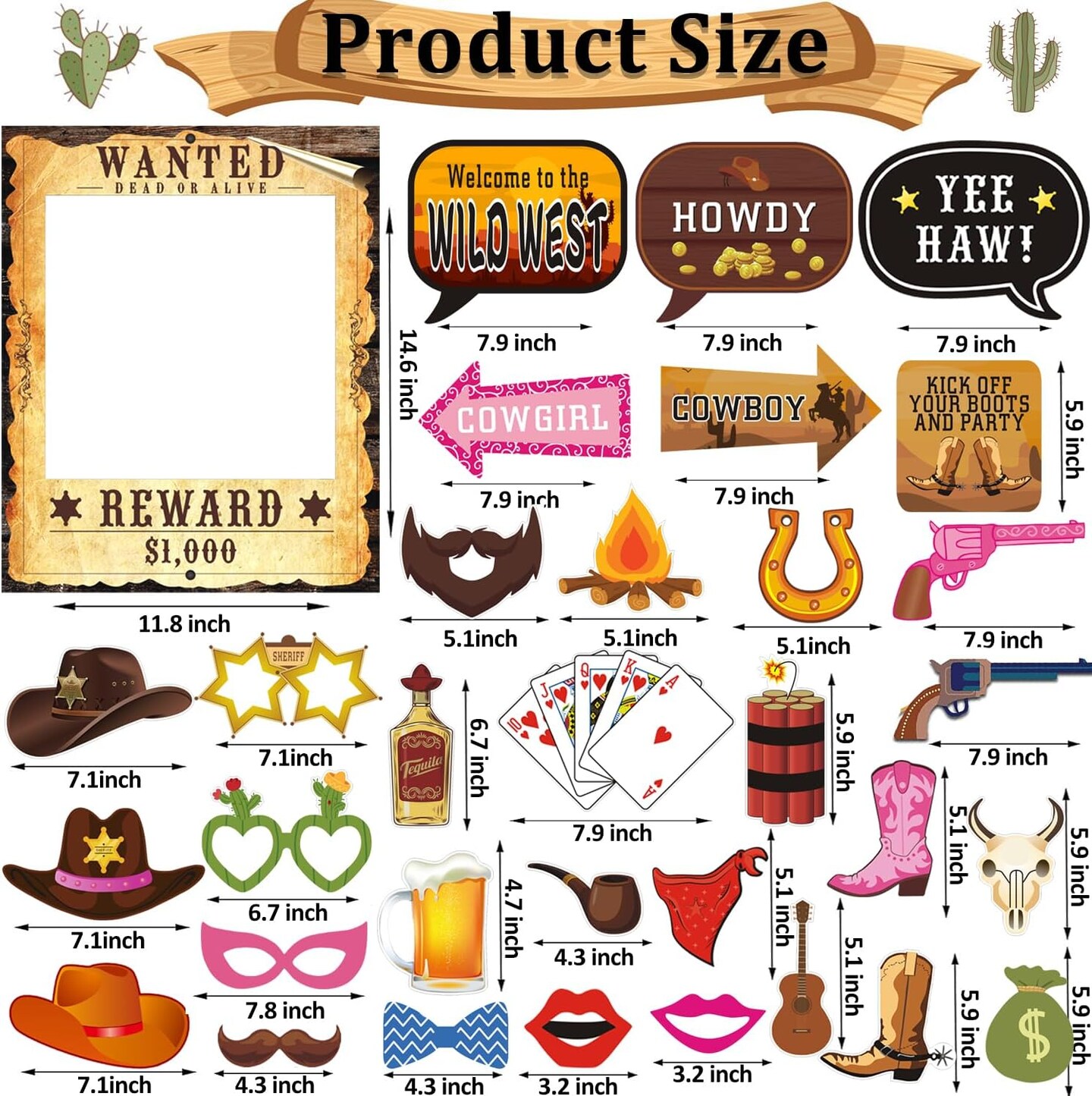 33PCS Western Cowboy & Cowgirl Photo Booth Props – Wild West Party Decorations