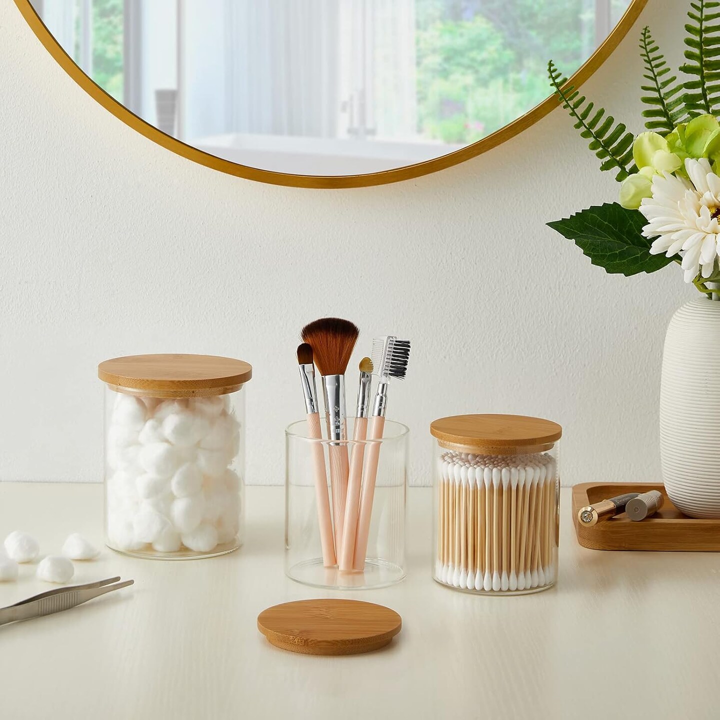 6 Pack Glass Qtip Holder, Apothecary Jars with Lids Bamboo, Bathroom Organizers and Storage for Cotton Ball Round Swab Pad Floss Picks, Bathroom Decor for Vanity Accessories