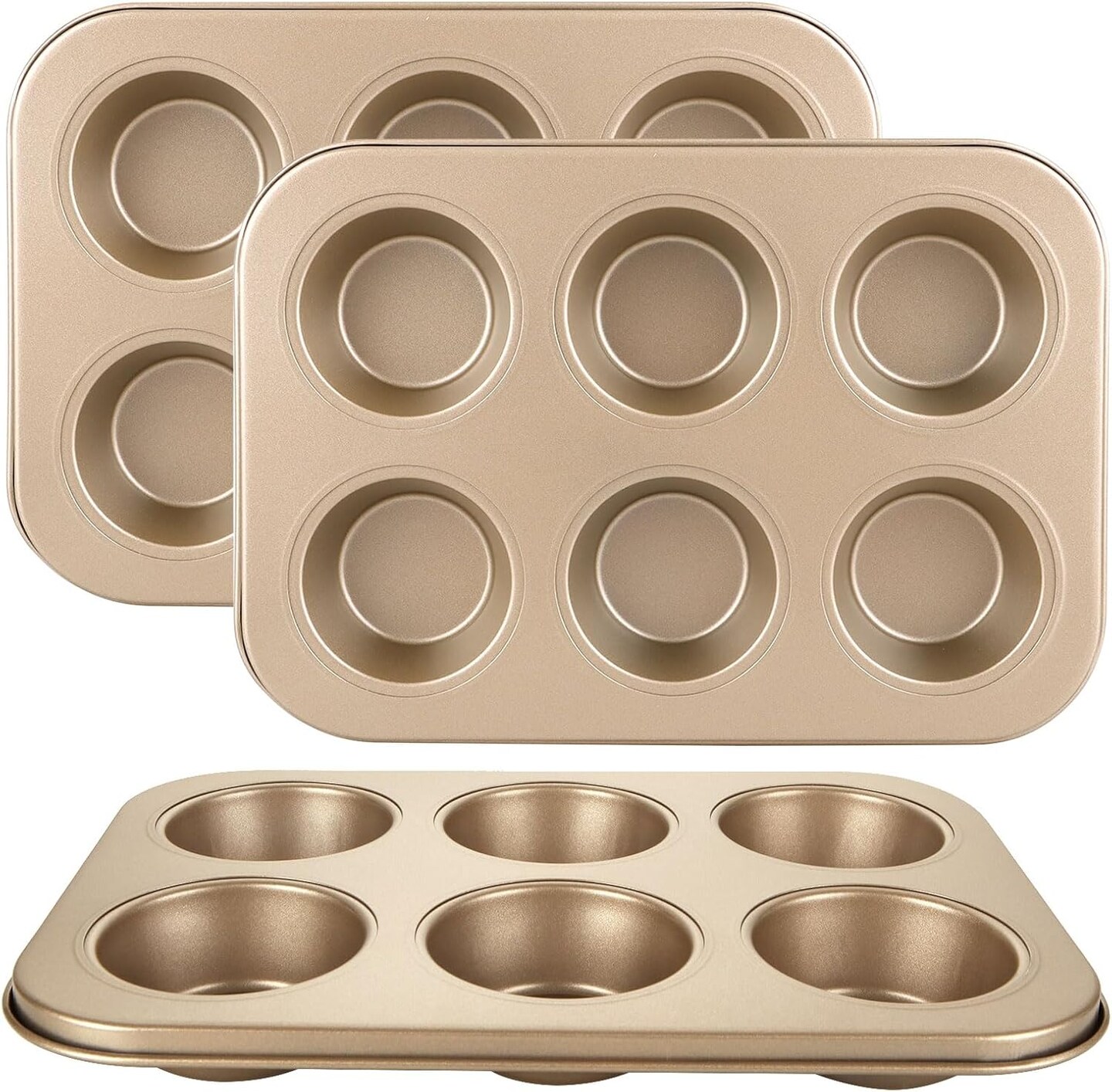 3 Pack Muffin Pan 6 Cups, Nonstick Cupcake Pan for Baking, Carbon Steel Muffin Tin Cupcake Baking Tray for Oven - Gold