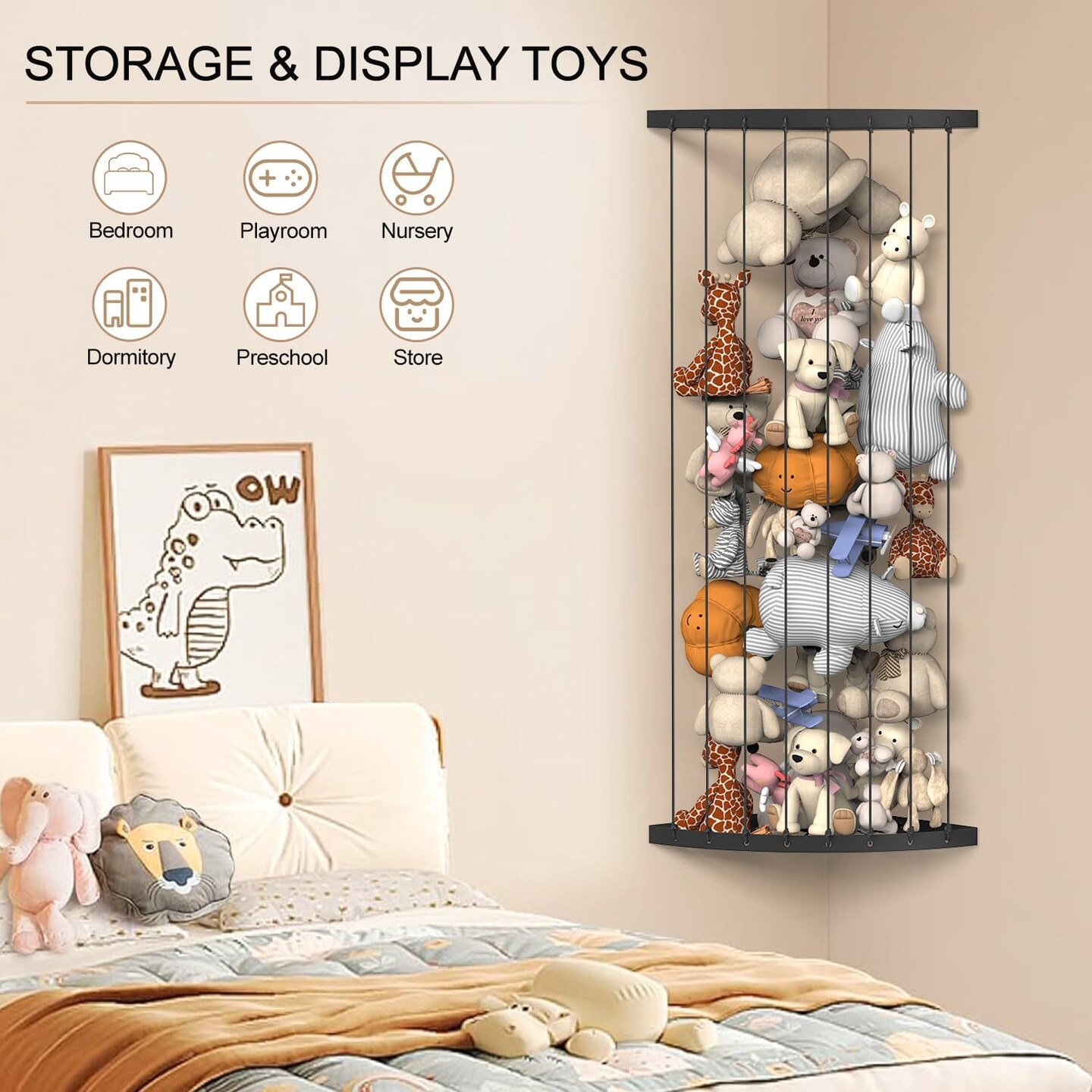 Corner Stuffed Animal Storage Hammock &#x2013; Adjustable Length (34.25&#x22;-59&#x22;) Wall-Mounted Organizer, Space-Saving Toy Net for Nursery, Playroom, Kids&#x2019; Bedroom &#x2013; Black
