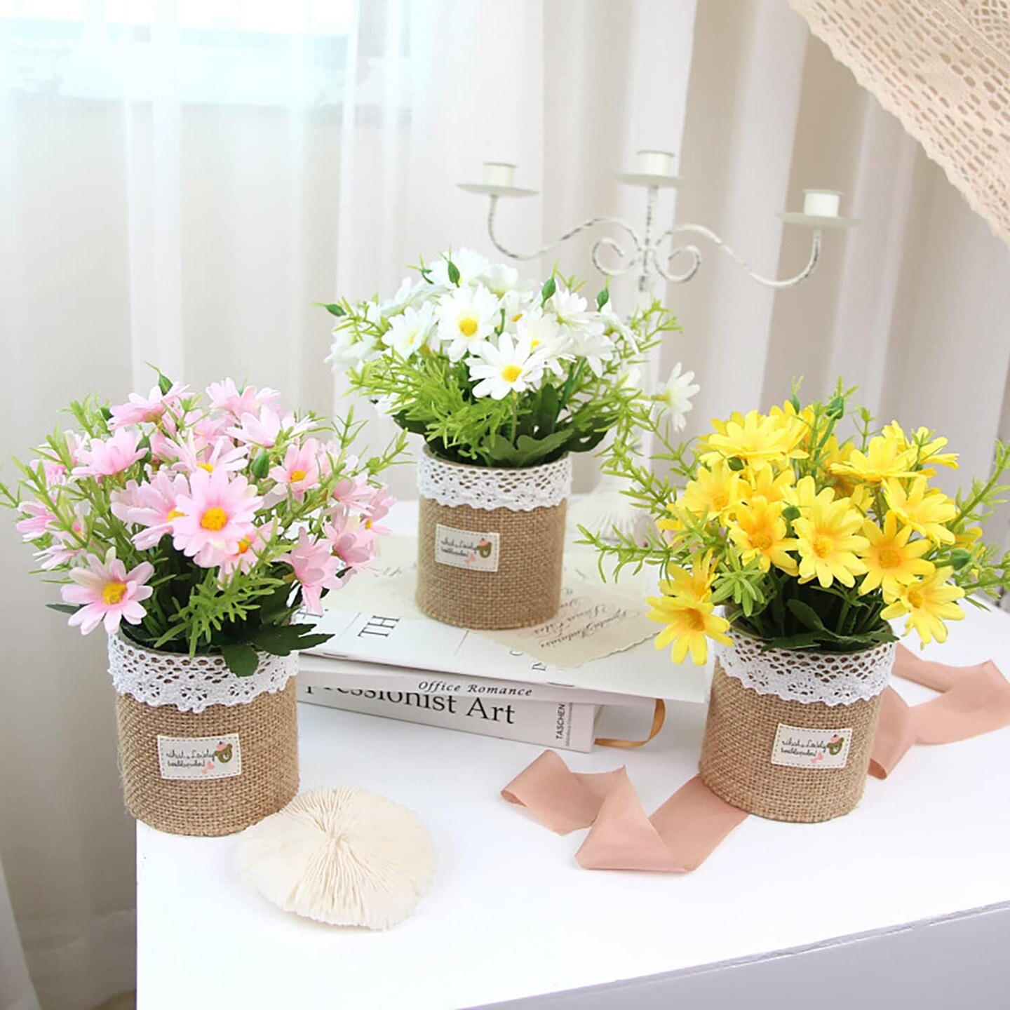 Summer Artificial Potted Flowers - Set of 4 Mini Fake Potted Silk Daisy Flowers