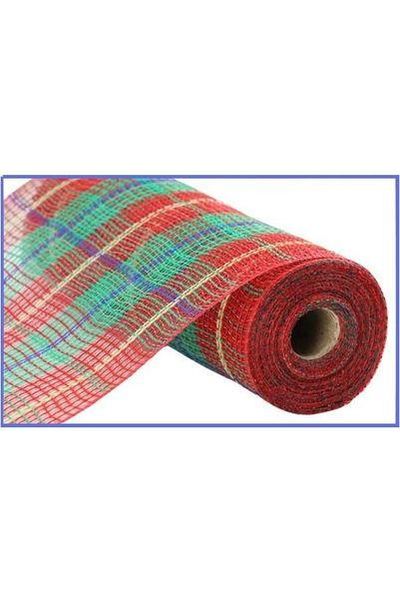 10.5&#x22; Faux Jute Plaid Mesh Ribbon: Red/Green/Blue (10 Yards)