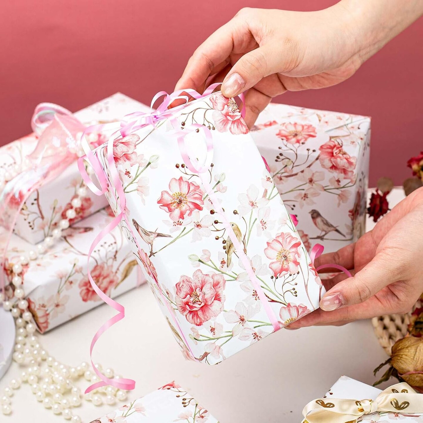 Gift Wrapping Paper Roll - Romantic Watercolor Pink Flower and Birds Design Gift Wrap Paper