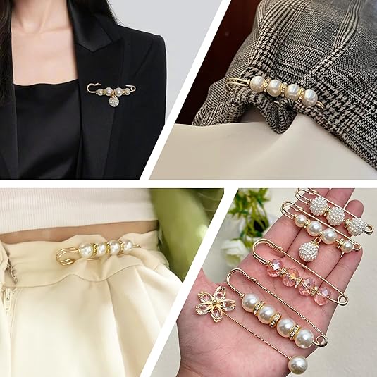 32 Pcs Pearl Brooch Safety Pins for Clothes Dress Jeans Skirt Pants Faux Pearl Rhinestones Sock Charms Pins for Women Waist Decoration Tightener Safety Pins
