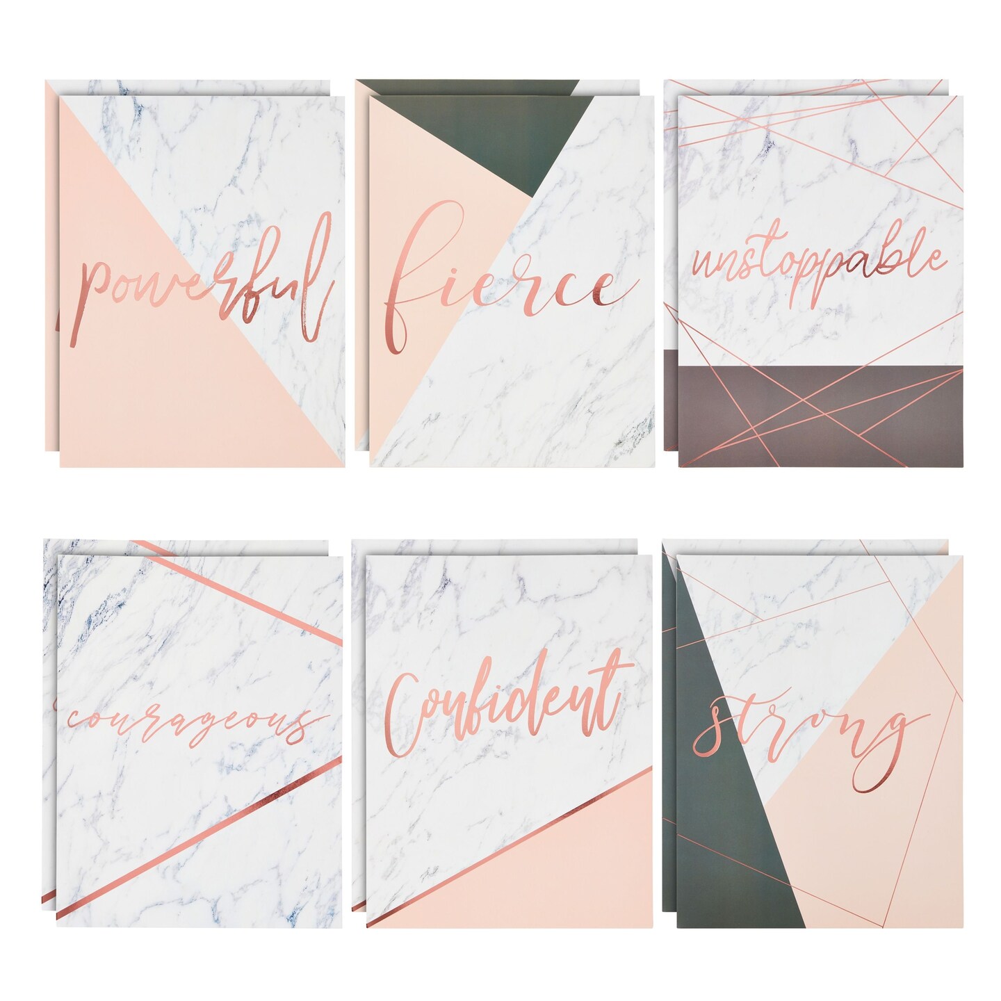 12 Pack Inspirational 2 Pocket Folders, Letter Size, 6 Decorative Motivational Designs for School, Home, Office, Women Girls (9x12 inch) - Pink Marble