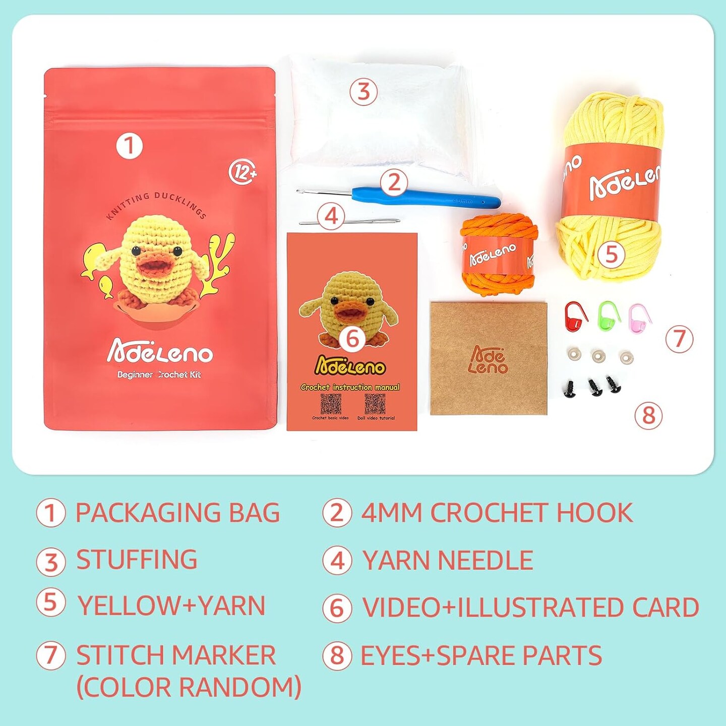 Crochet Kit for Beginner, Beginner Crochet Kit with Step-by-Step Video Tutorial, More Convenient Illustrated Cards, Suitable for Adults, Children, Crochet Kit for Beginners, Duck 1-Pack.