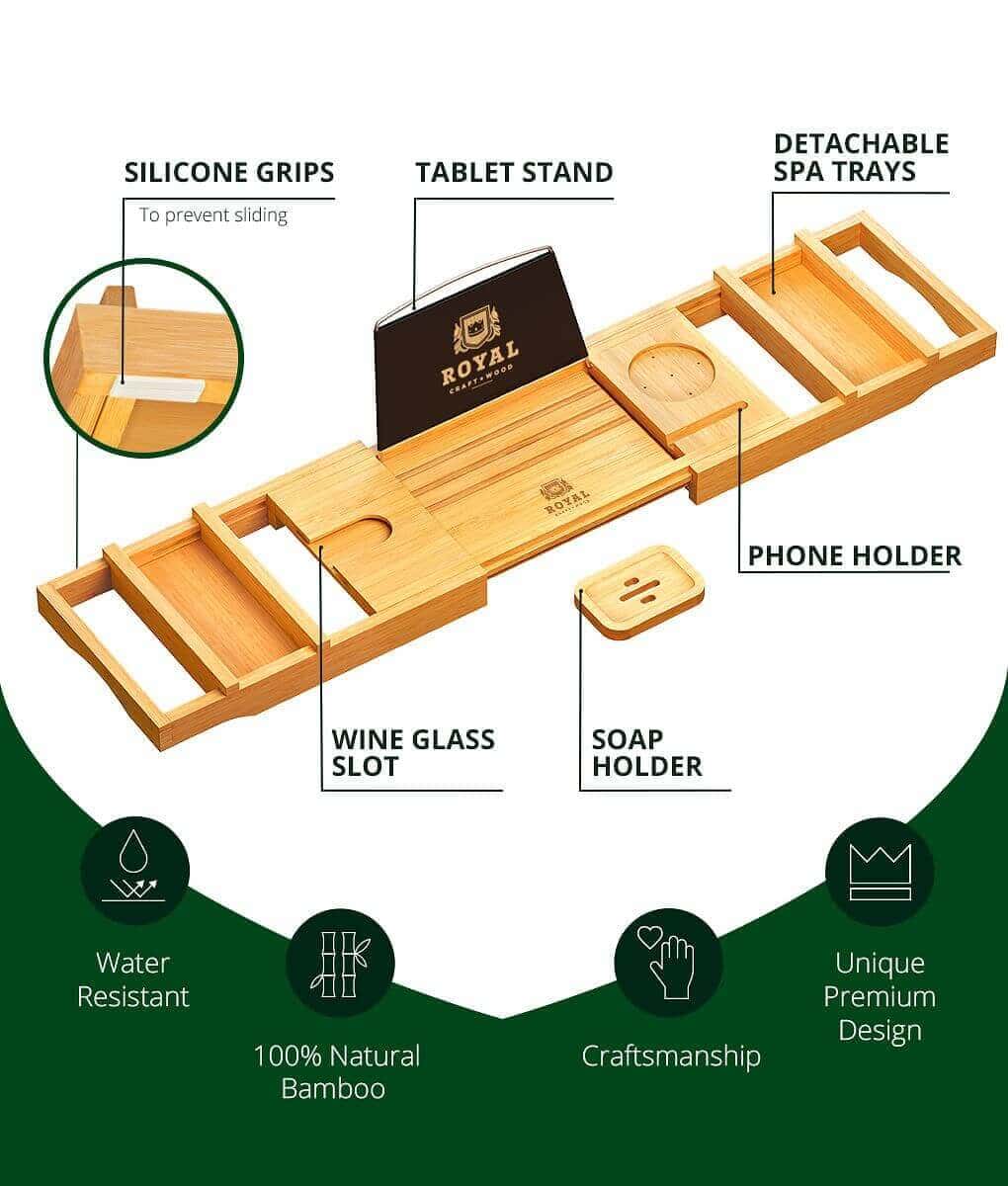 Bamboo Bathtub Caddy Natural Bath Tray for Tub, Expandable Bath Caddy for Bathtub with Wine Glass &#x26; Book Holder - Royal Craft Wood