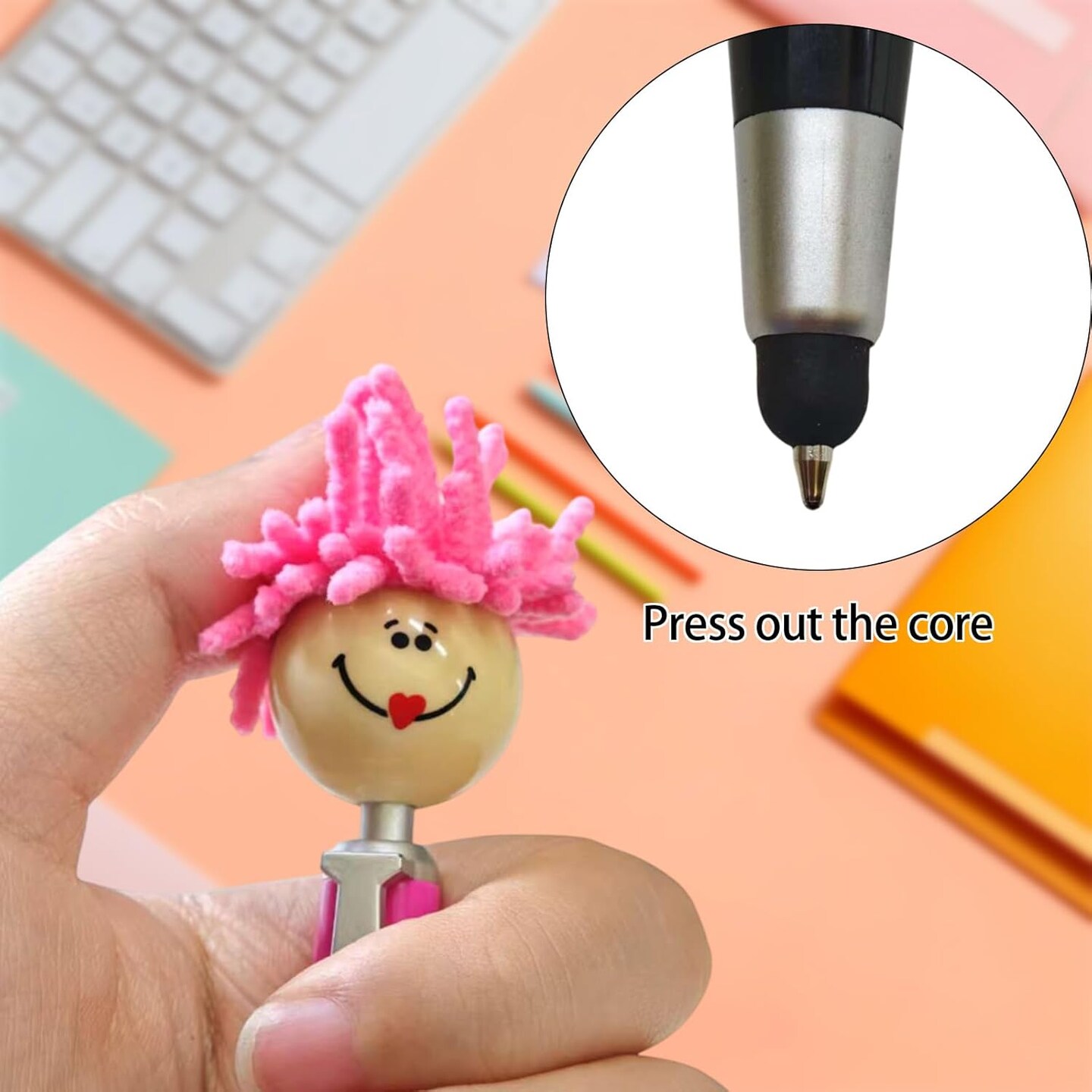 8pcs Mop Head Ballpoint Pens, Funny Mophea Topper Pen with Plush Hair Writing Click Pen Portable Cute Cartoon Multi-function Signing Pen Decor Gift for Office Home Kids and Adultes 8-color outfit