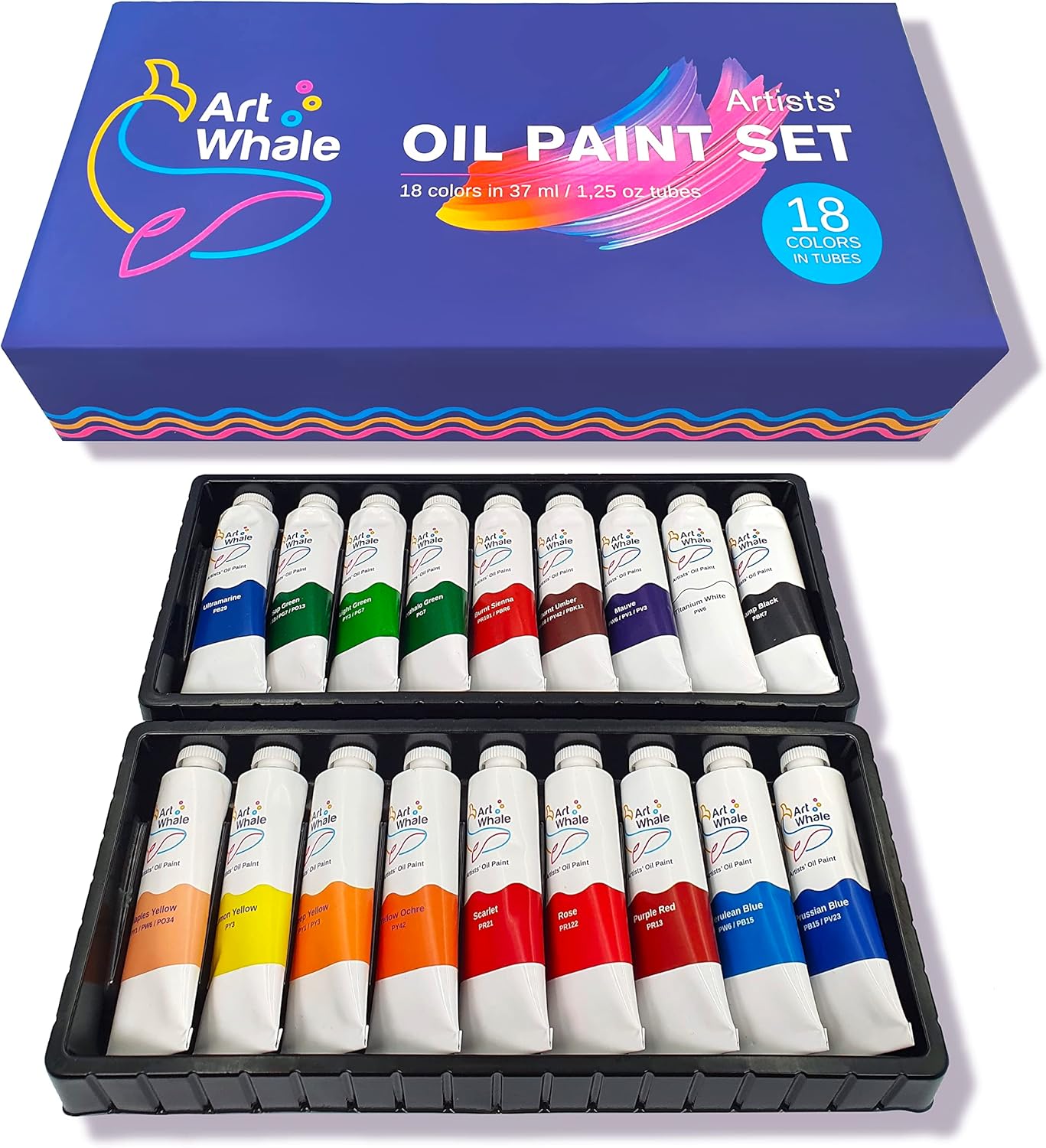 Oil Paint Set 18 Colors, 37ml/1.25 oz Tubes| Creamy, High Pigment, Smooth Blending