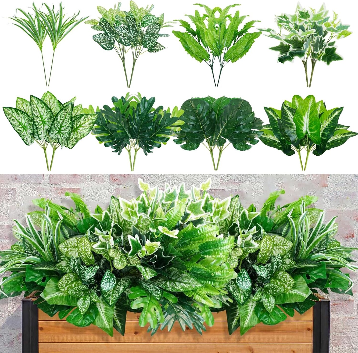 16 Bunches Fake Plants Outdoor UV Resistant Artificial Bushes Green Boxwood Shrubs Faux Plastic Plants Greenery Stems for Spring Outdoor Garden Patio Front Porch Yard Home Decor