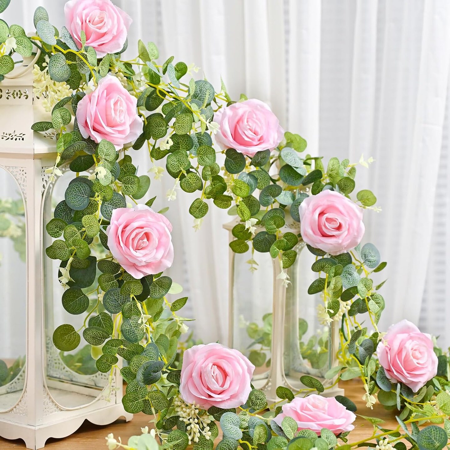 2 Pack 6 FT Artificial Flower Garland with Lights, Fake Floral Garland with Pink Rose, Pink Flower Garland Decorations for Wedding Centerpieces Backdrop Arch Party Room Wall Spring Decor