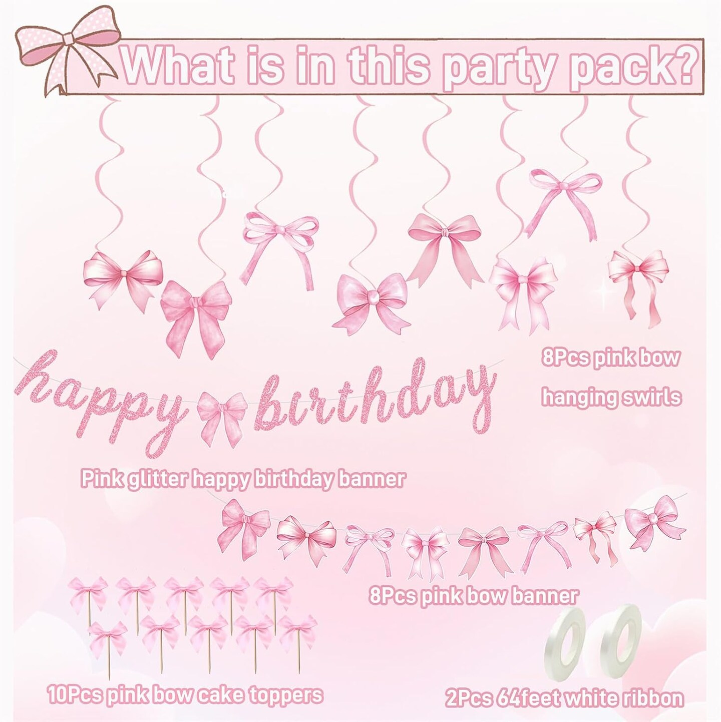 Pink Bow Banner Hanging Swirls with Bowknot Cupcake Toppers Happy Birthday Garland for Baby Shower Girls Pink Bow Room Decor Coquette Birthday Party Decorations