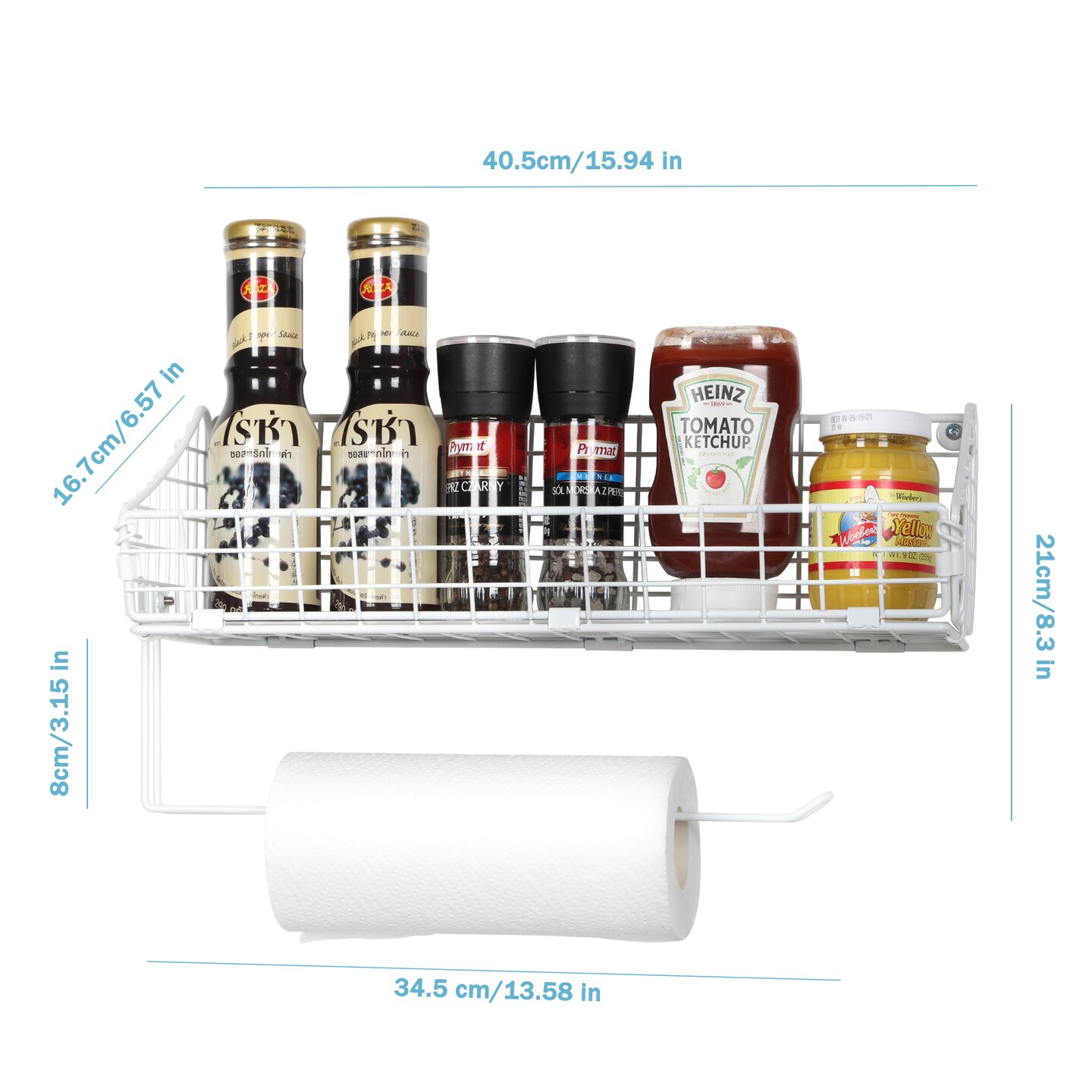 2PCS White Multi-Functional Wall-Mounted Metal Basket Organizer with Foldable Paper Towel Holder – Space-Saving Storage Shelf for Kitchen, Bathroom, Bedroom & Hallway