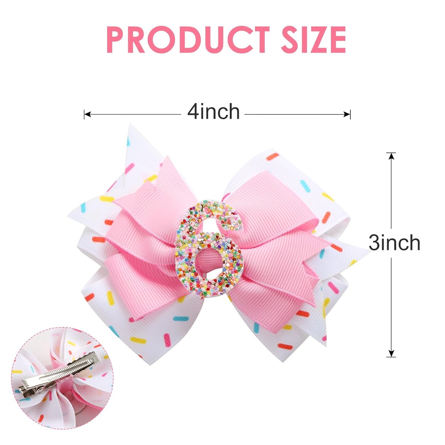 Birthday Hair Bow for Baby Girls 1 2 3 4 5 6 Years Sprinkle Decorations Confetti Ice Cream Party Pink Hair Accessories for 6th Birthday