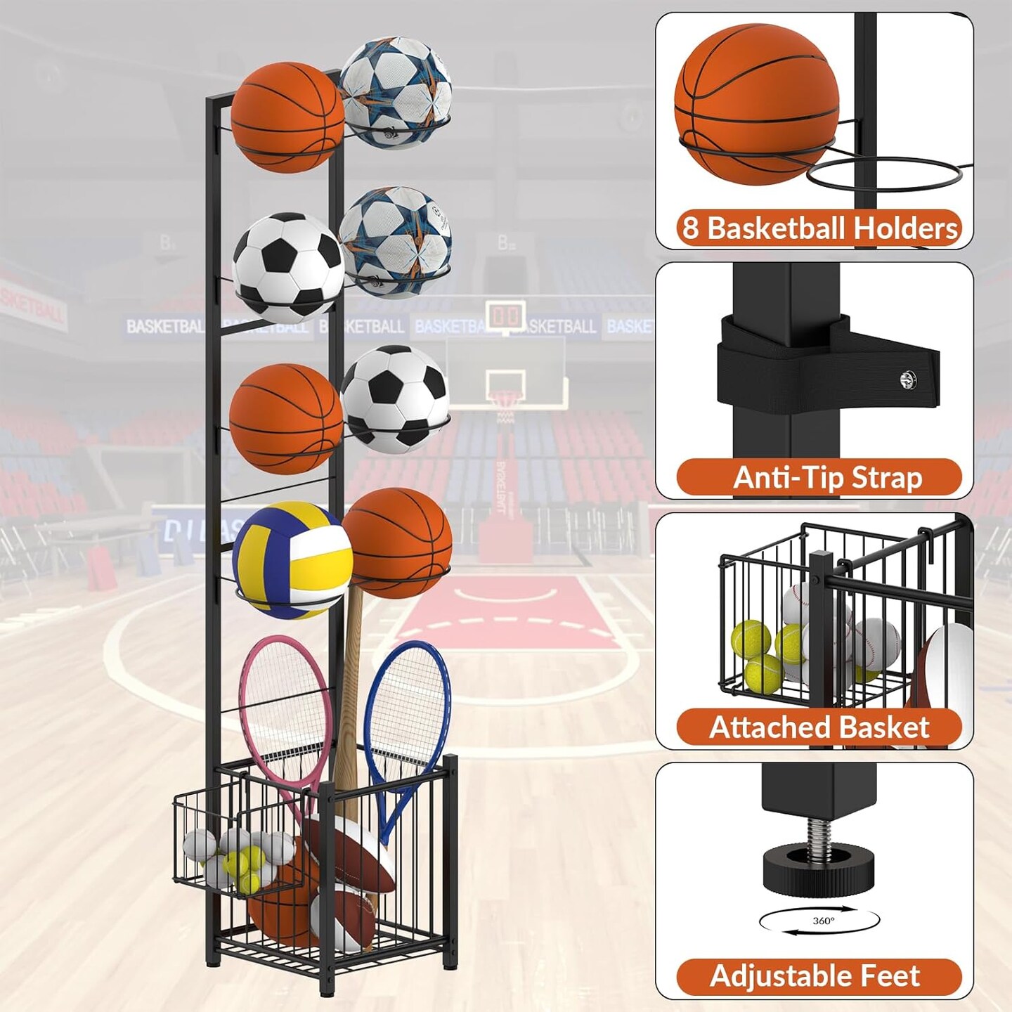 8-Ball Vertical Sports Rack with 2 Baskets &#x2013; Heavy-Duty Metal Ball Holder for Basketball, Soccer, Football, Rackets | Indoor/Outdoor Garage Organizer, Black