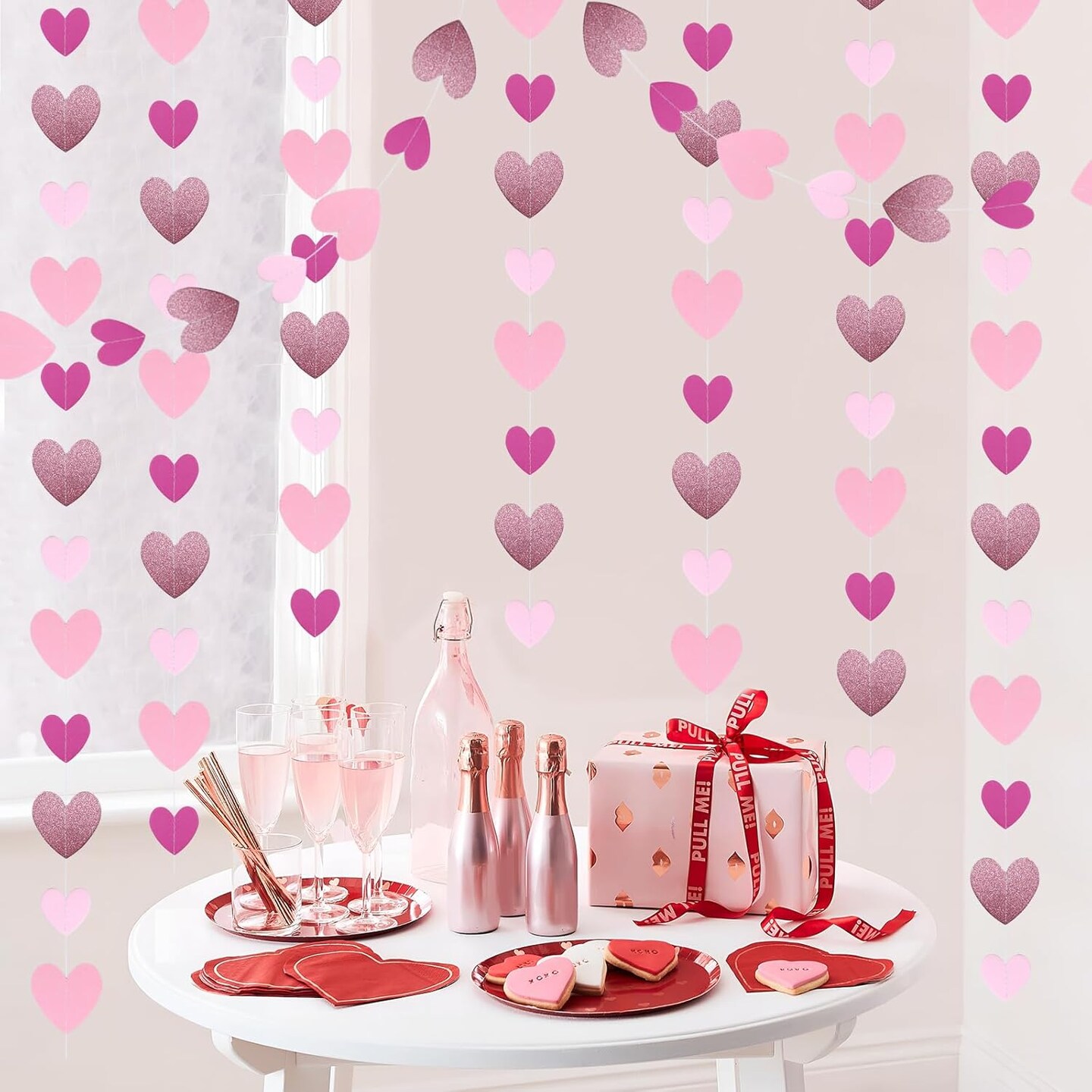 Pink-Rose Heart-Garland Streamer Party Decorations - 52Ft Valentine Happy Birthday Banner Decorations for Girls Women Backdrop Bridal Baby Shower Bachelorette Valentines Day Decor