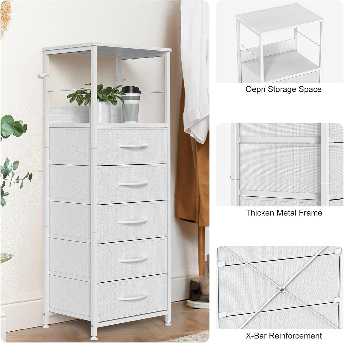 5-Drawer White Fabric Dresser &#x2013; Sturdy Metal Frame &#x26; MDF Top, Tall Clothes Organizer with Adjustable Feet, Space-Saving Storage for Bedroom, Nursery, Entryway