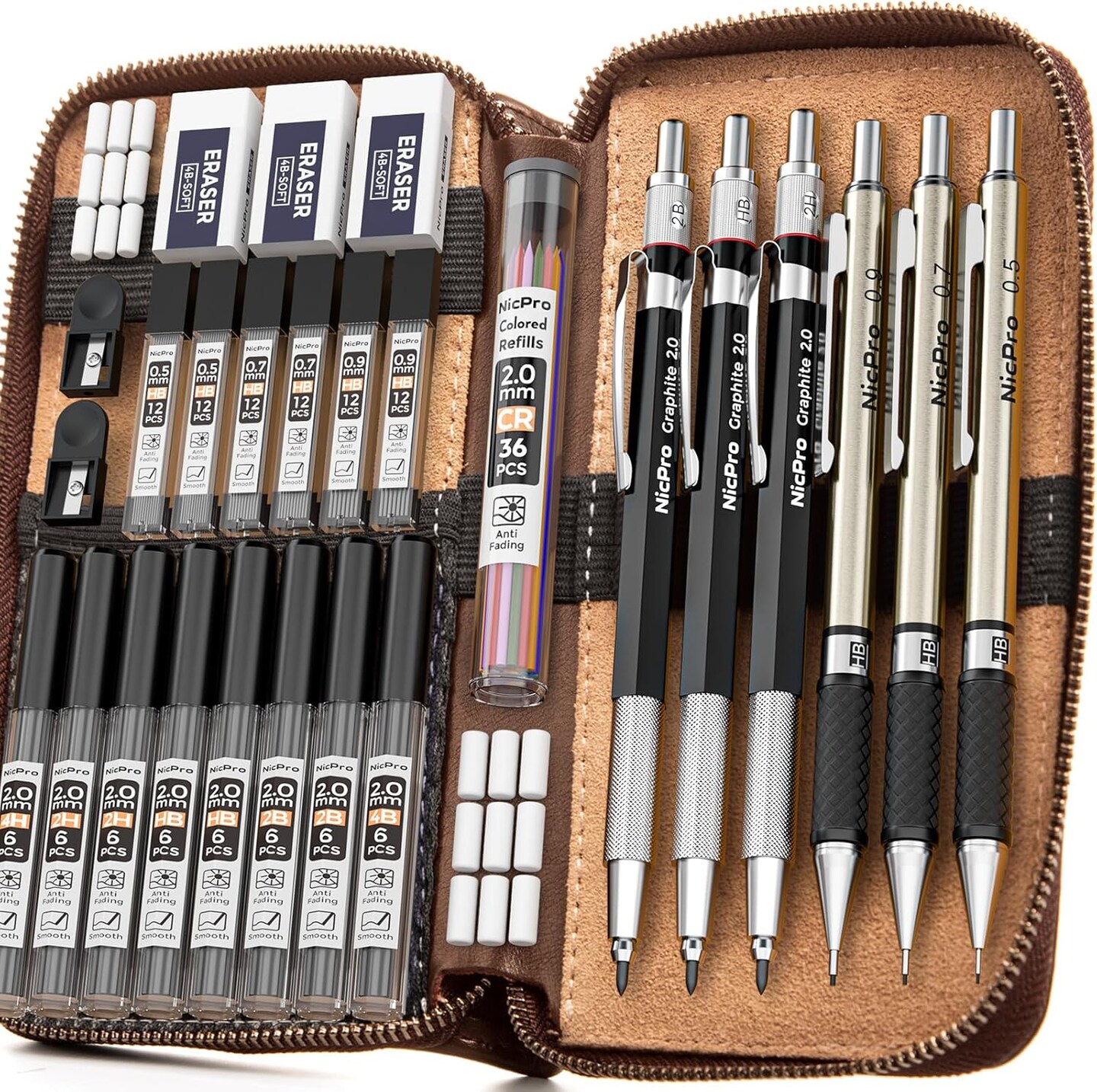30PCS Art Mechanical Pencil Set in Leather Case, Metal Drafting Pencil 0.5 mm, 0.7 mm, 0.9 mm &#x26; 3 PCS 2mm Lead Holders for Sketching Drawing With 16 Tube (6B 4B 2B HB 2H 4H Colors) Lead Refills