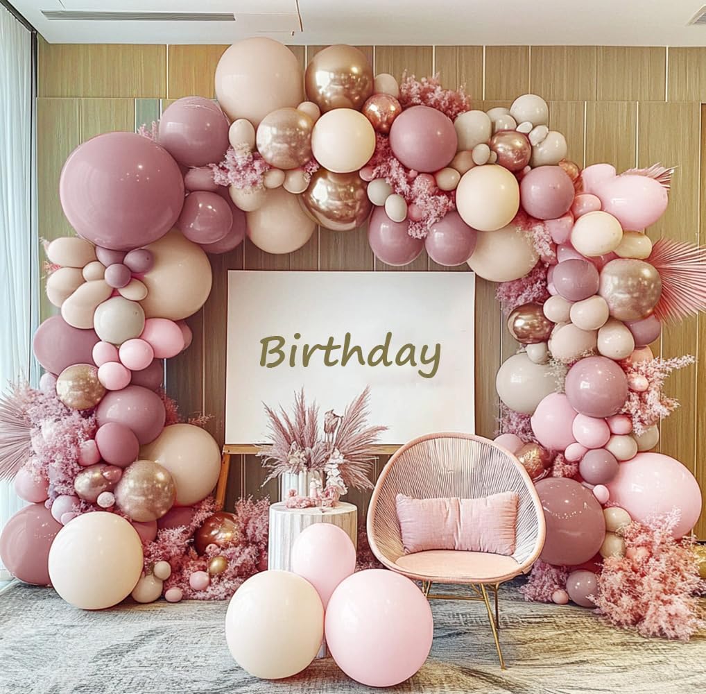 Dusty Pink Rose Balloon Garland Double Stuffed Mauve Light Pink Latex Blush Nude Beige Champagne Gold Balloon Arch Kit for Boho Birthday Baby Bridal Shower Neutral Wedding Party Decor