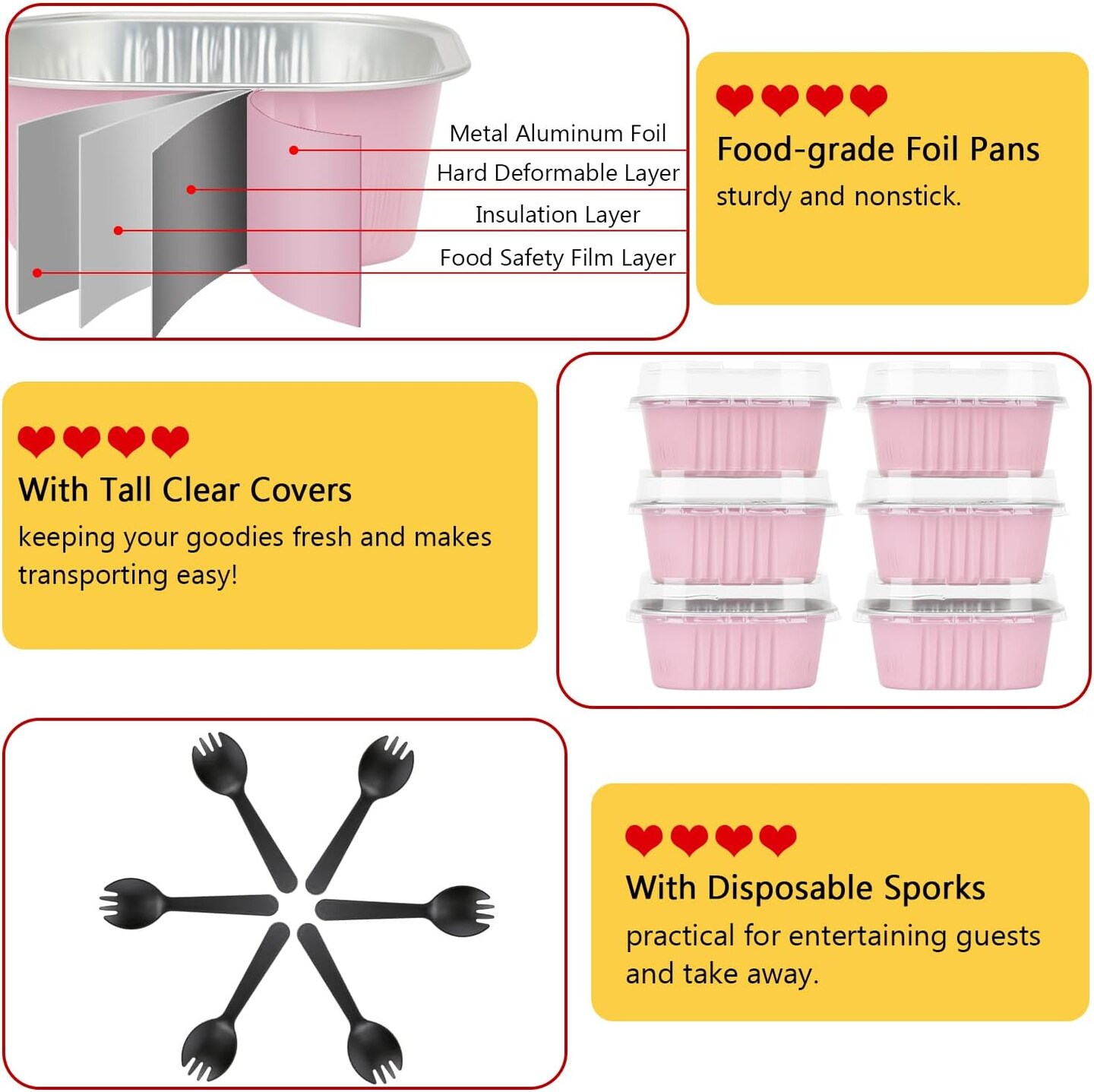 10oz Mini Cake Pans With Lids 40 Pack,LNYZQUS Aluminum Foil Square Brownie Baking Cups,Disposable 4”x4” Large Cupcake Pan,Jumbo Muffin Tin Ramekins Holders-Pink