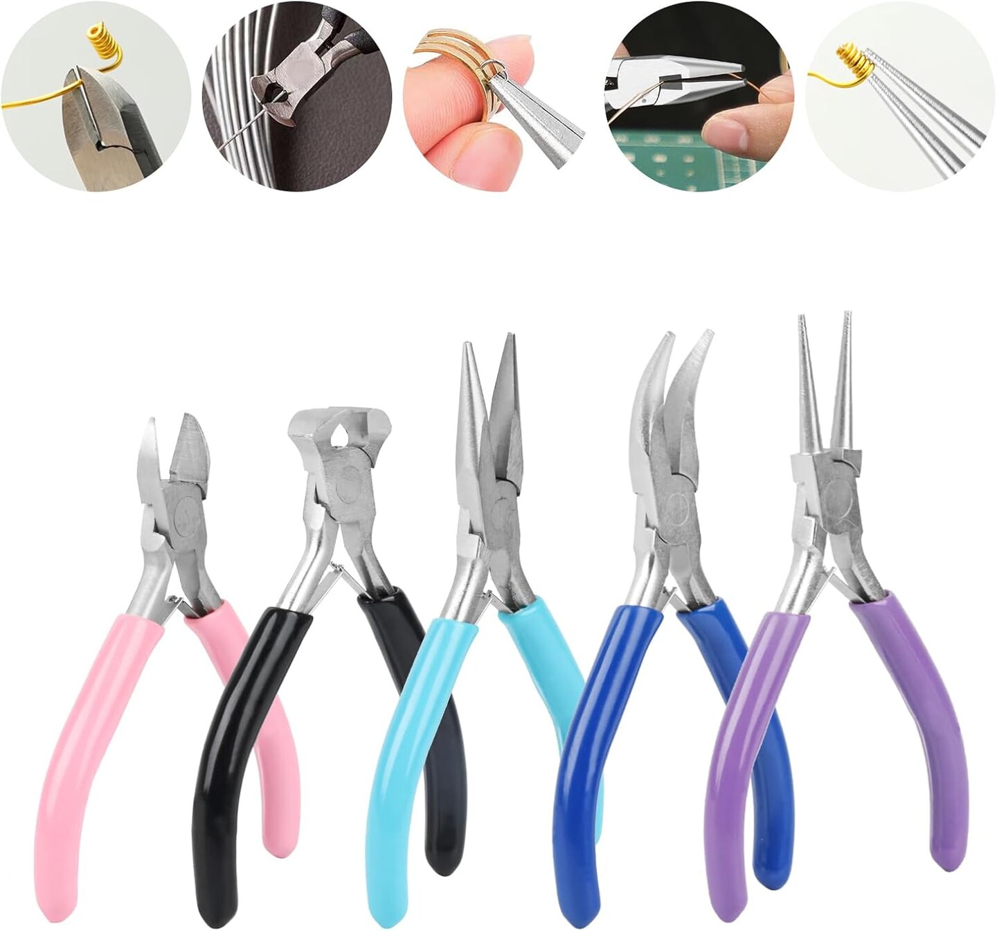5 Pcs Jewelry Making Pliers Tools with Needle/Chain Nose Pliers, Round Nose, Bent Nose, End Nipper Pliers and Wire Cutter Jewelry