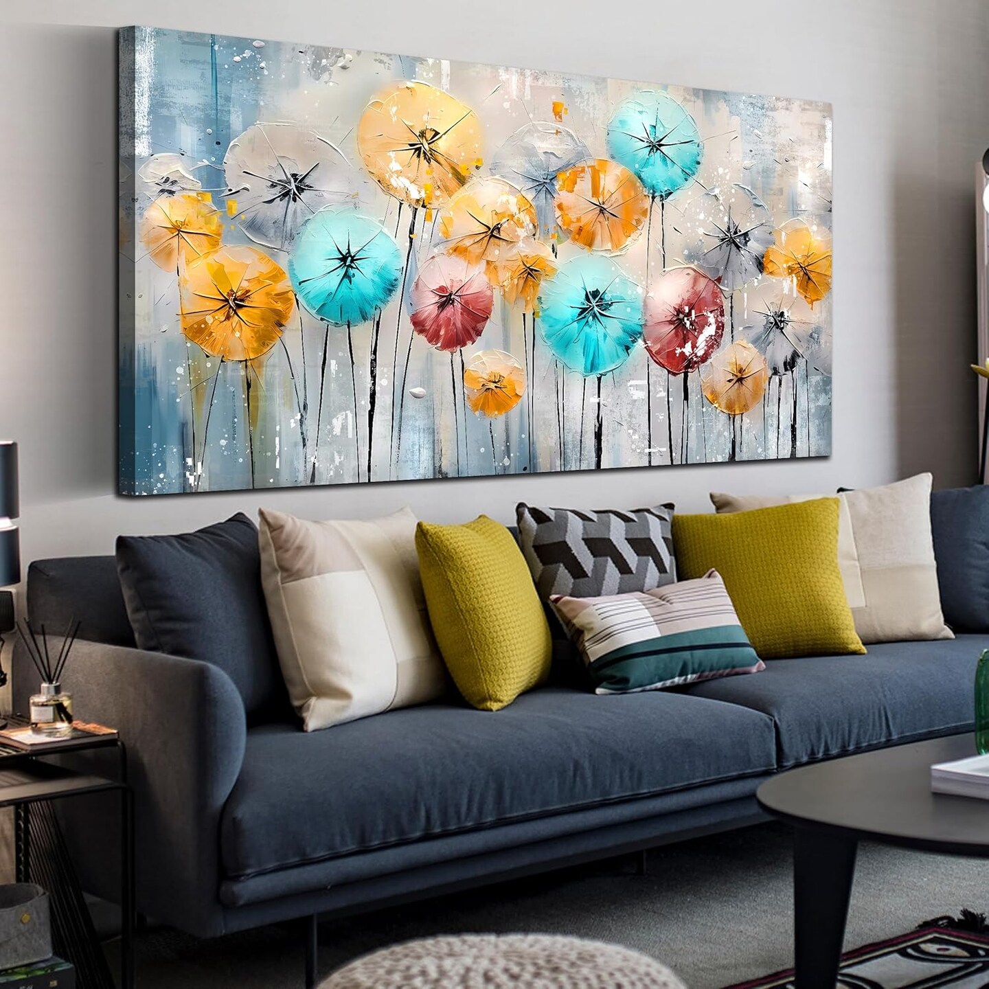 Flower Wall Art for Living Room, Dandelion Canvas Wall Decor for Bedroom, Colorful Abstract Print Painting Picture, Large Size 48x24 Inches