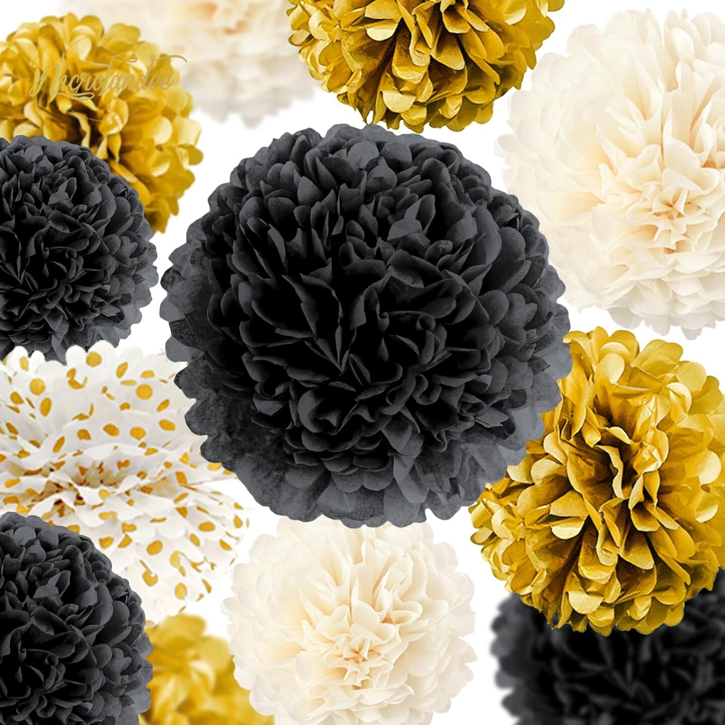 Black Gold Party Decorations - 12 PCS Black Gold White Tissue Paper Pom Poms for Wedding, Birthday, Bridal Shower, Prom, Graduation, Festival Decorations, 2025 New Years Decor
