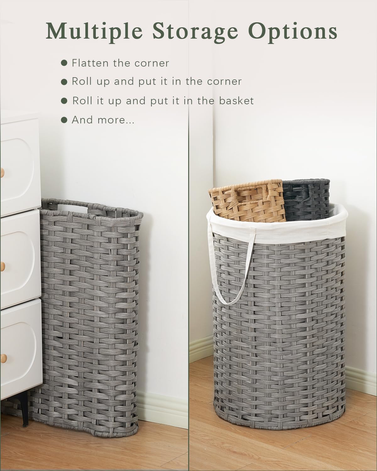 Laundry Hamper with Lid Laundry Basket with Lid 19.0 Gal (72 L) Round Wicker Laundry Basket Handwoven Rattan Basket with Lid Removable Bag 2 Mesh Bags Handles for Living Room Bathroom Gray