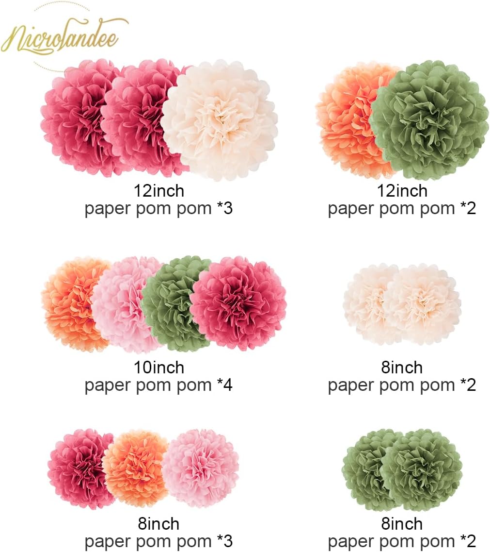 Wedding Party Decorations - 16Pcs Pink, Sage Green, Ivory Tissue Paper Pom Poms for Birthday, Engagement, Baby/Bridal Shower, Anniversary, Pastel Party, Festival Decorations
