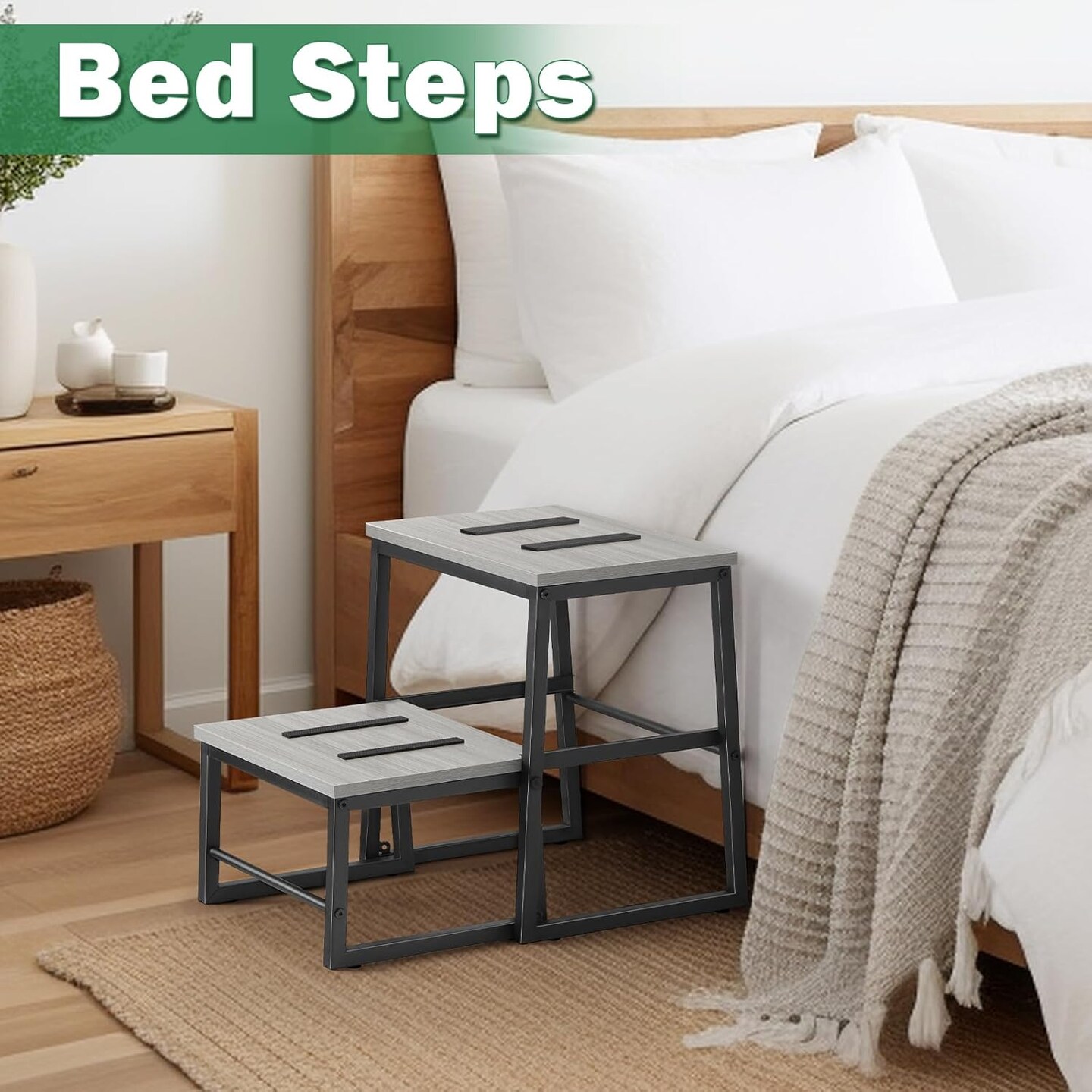 Heavy-Duty 3-in-1 Wooden Step Stool for Adults - 500lb Capacity, Detachable Metal Frame Stepping Stool for High Beds, Kitchen, Bathroom, Grey