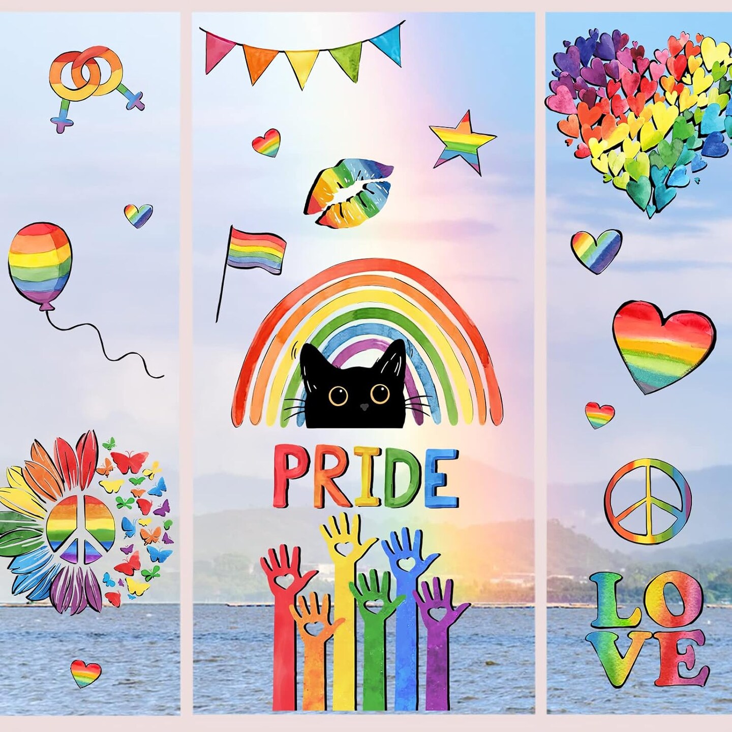 Gay Pride LGBTQ Rainbow Window Clings 9 Sheets, Equality Diversity Sunflower Love Hearts Black Cat Stickers Decals Decor, Lesbian Pansexual Bisexual Pride Month Home Kitchen Decorations
